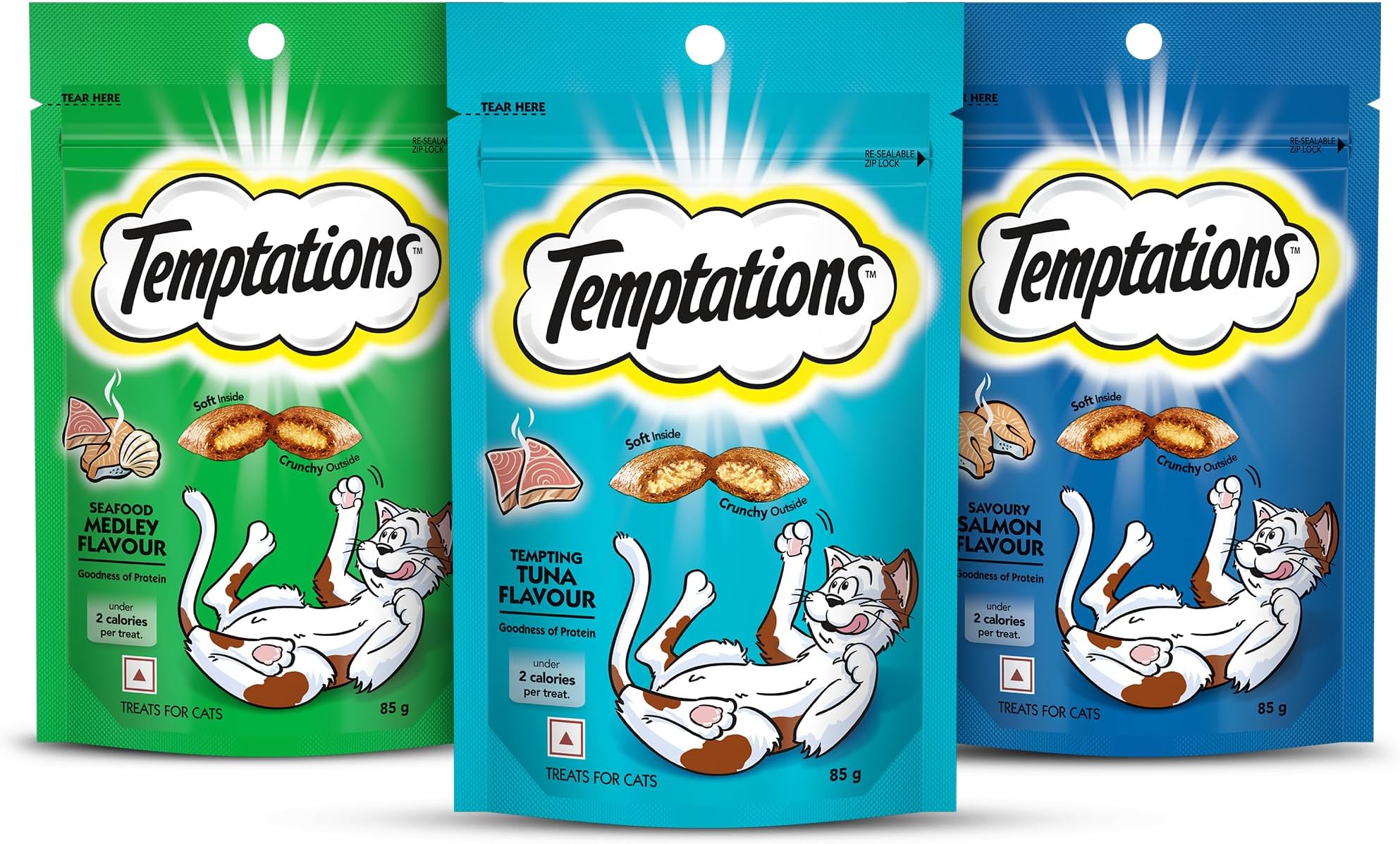 Dry Adult Cat Treat (Tempting Tuna Flavour, Seafood Medley Flavour & Savoury Salmon Flavour) - (Pack of 3, 85g Each)