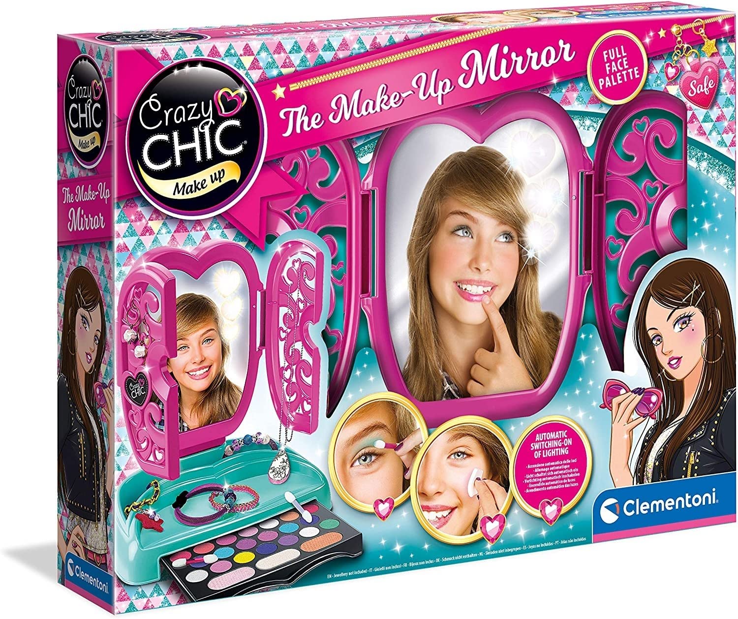 Clementoni - 18541 - Crazy Chic Make Up - Le Miroir à Maquillage - Miroir avec Rangements pour Bijoux et Palettes de Fond de Teint + Lumières - Jeu de Maquillage pour Enfants