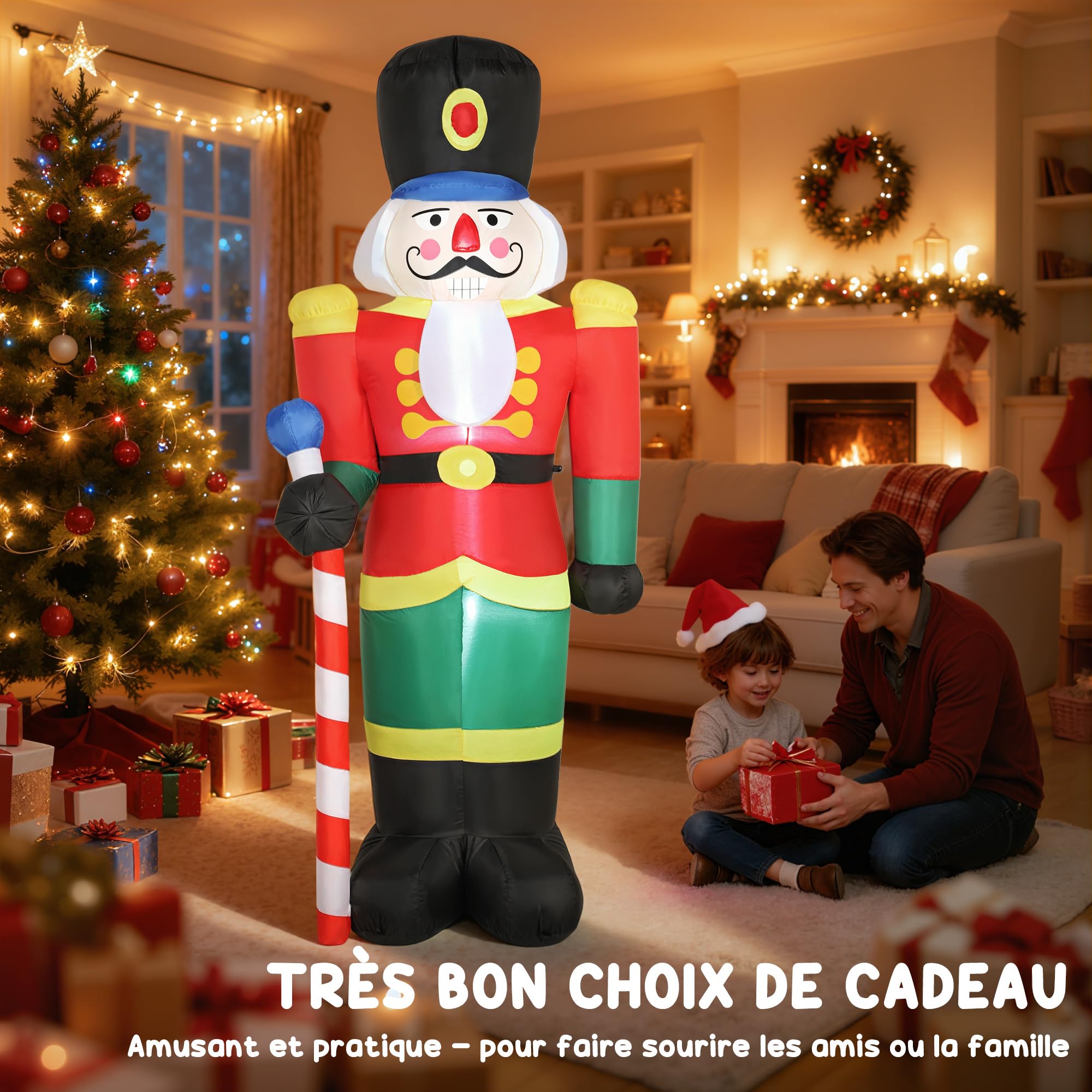 Outsunny Soldat Casse-Noisette Gonflable de Noël 245 CM avec lumières LED | Avec Sceptre, Polyester Imperméable, Déco Noël Gonflée Lumineuse, Intérieur, Extérieur
