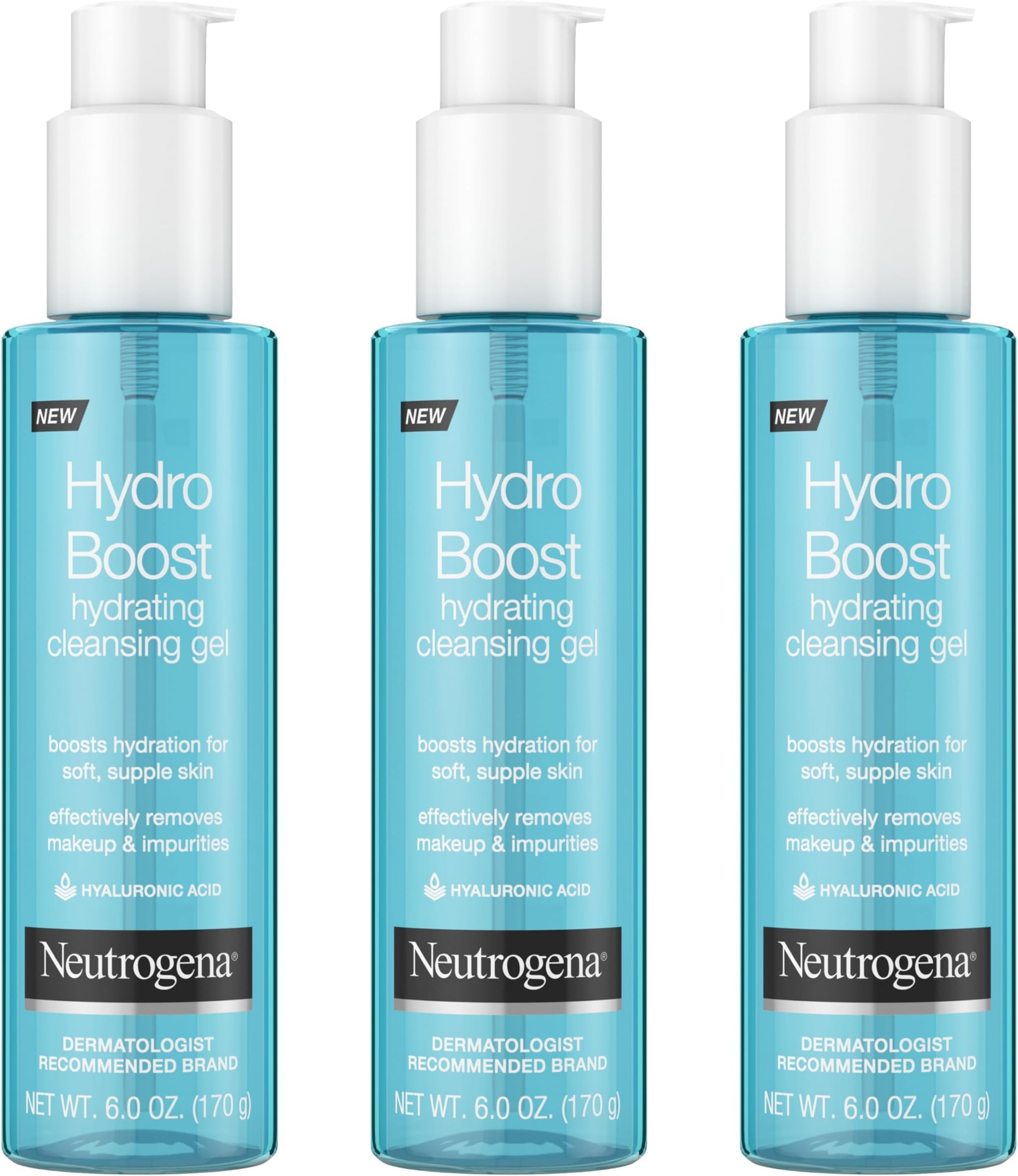 Neutrogena Hydro Boost Lightweight Hydrating Facial Cleansing Gel, Gentle Face Wash & Makeup Remover with Hyaluronic Acid, Hypoallergenic & Non Comedogenic, 6 oz, Pack of 3