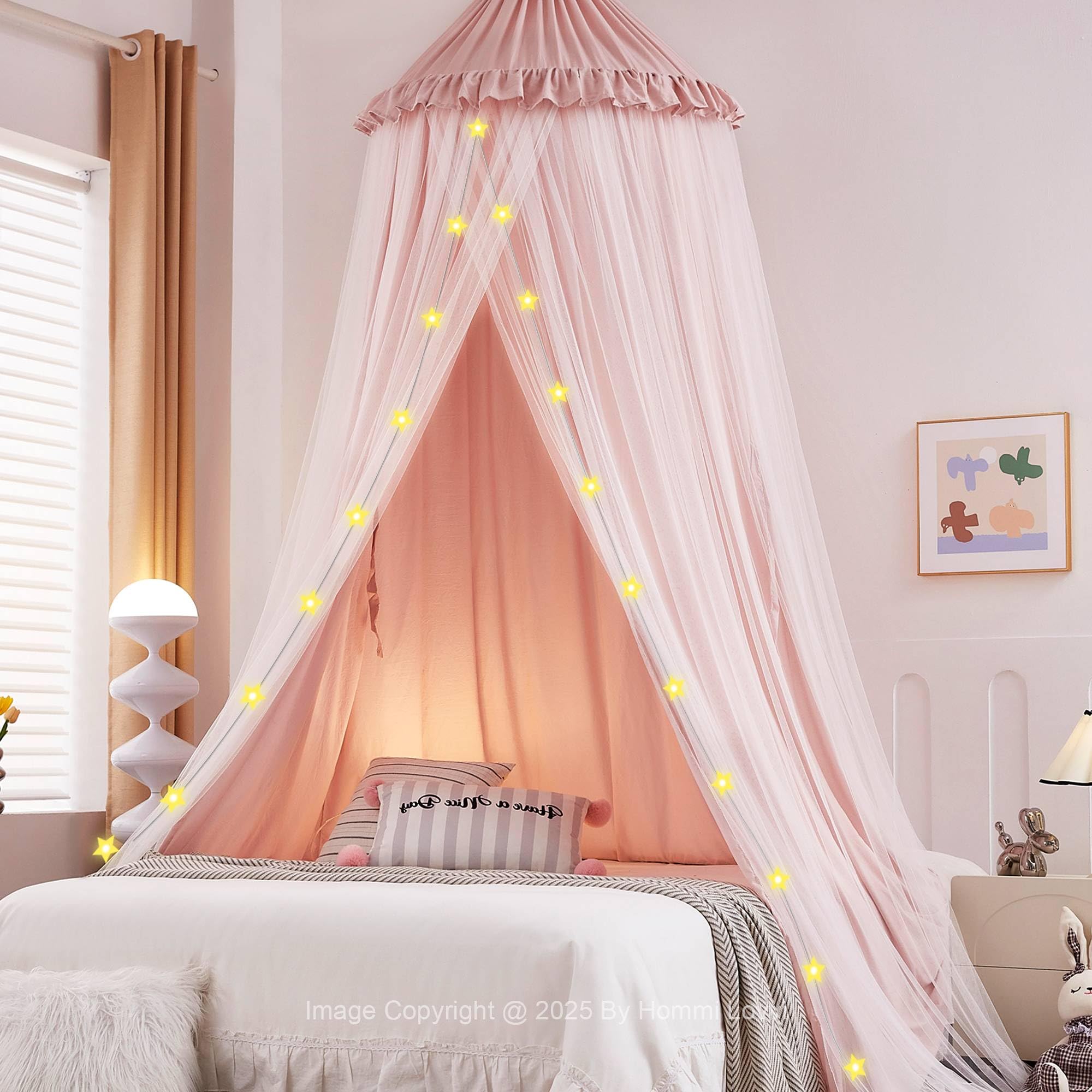Double Layers Bed Canopy with Star Lights 3 Pieces Layers Canopy for Girls Bed Princess Round Dome Dreamy