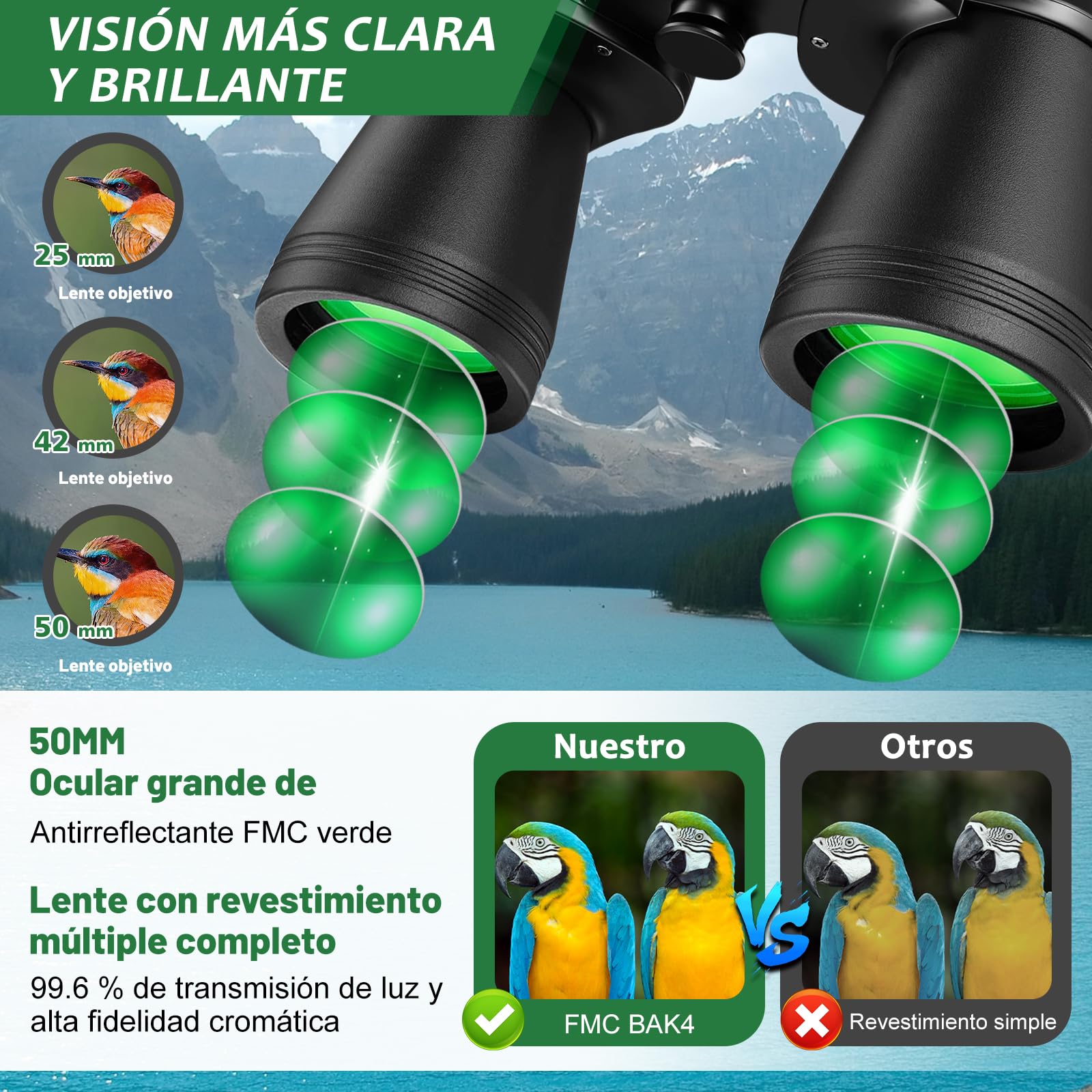 Binóculos Profissionais 20 x 50 para Adultos Prisma BaK4 e Lentes FMC,Compacto Binóculos Poderosos para observação de pássaros, caça e jogos desportivos,inclui Adaptador,alça e pano de limpeza