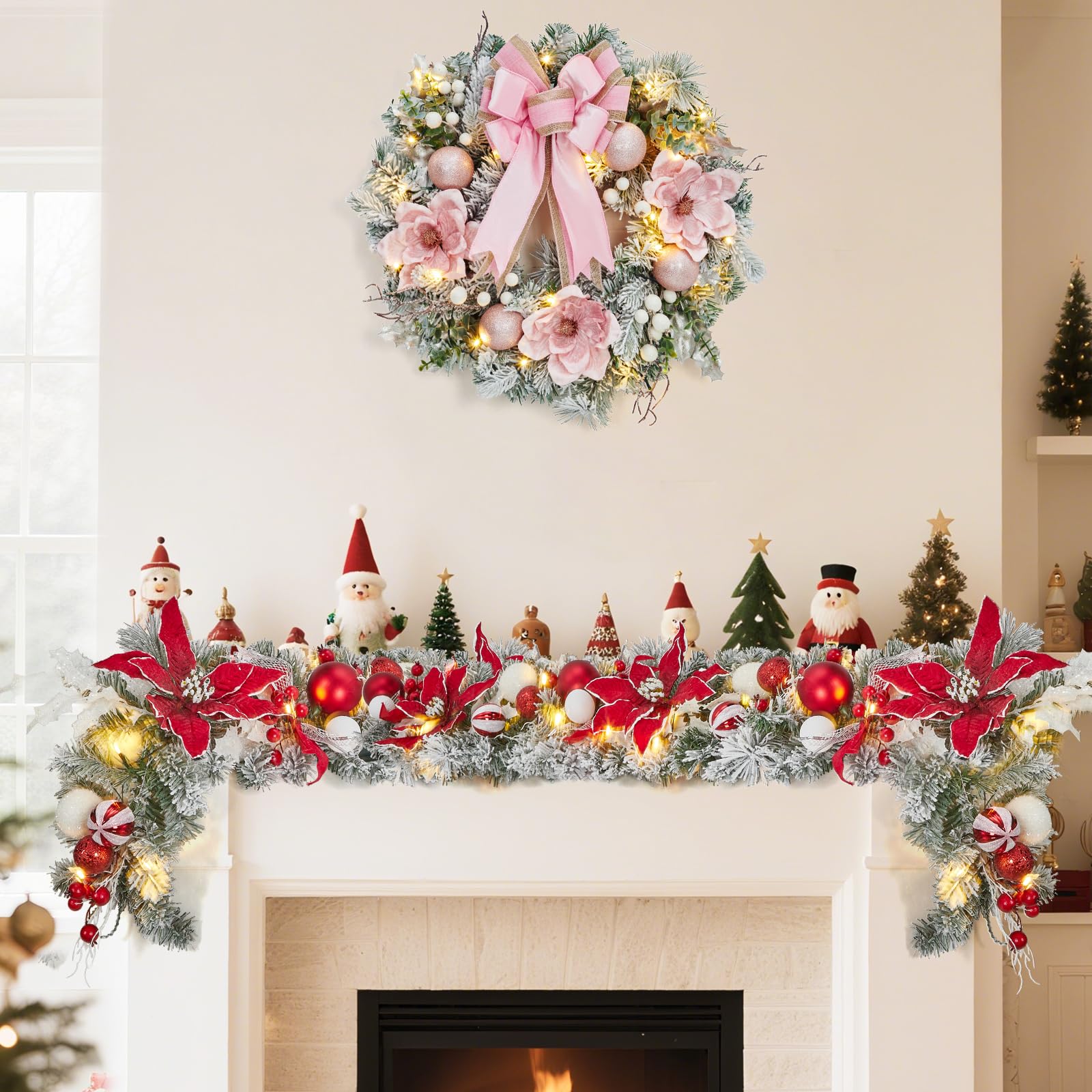Grande couronne de Noël pré-éclairée pour porte d'entrée, 61 cm pour décoration de vacances, couronne de Noël lumineuse à piles avec fleurs, boules décoratives et 20 lumières LED pour fenêtre
