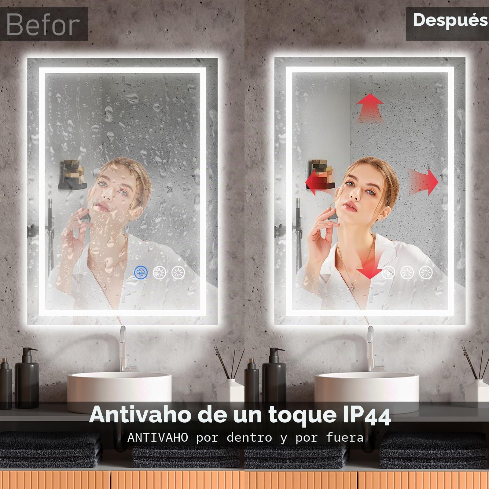Espejo Baño con Luz 50x70cm LED Antivaho Regulable 3 Colores Luz Función Memoria