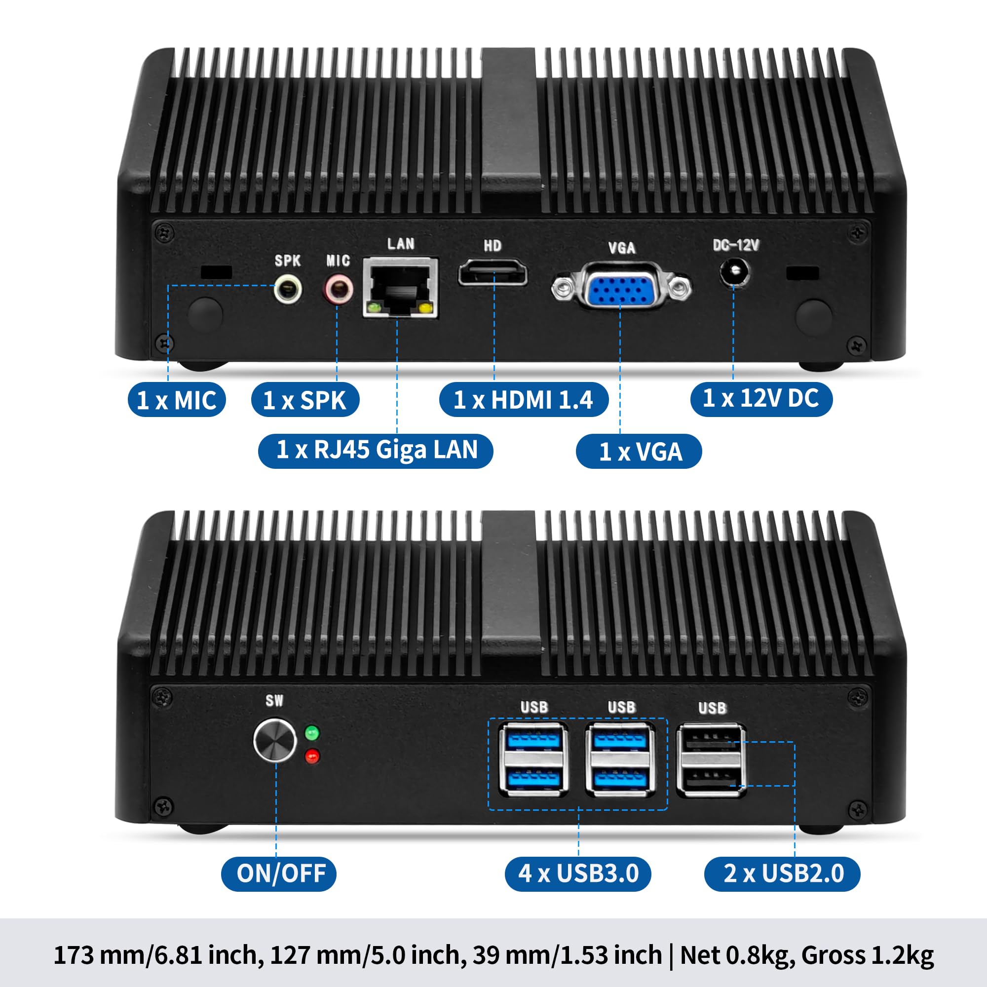SJRC Fanless Mini PC, Core i3-6006U Mini Desktop Computer with 4K HD + VGA, Gigabit LAN, Barebone NO RAM/SSD/OS, Small Form Factor PC for Home Office, Business, Linux