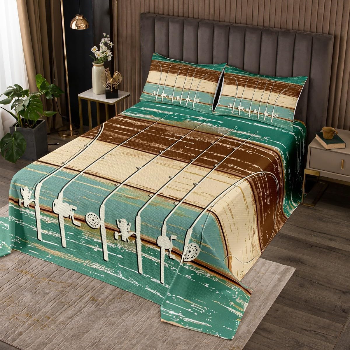 Ice Fishing Rod Quilt Set Go Fishing Bedspread Set Fishing Gifts for Men,Fish Coverlet Set Rustic Wooden Plank Bedding Set King,Fishing Hooks Fishing Game Room Decor Gift for Fisherman,Grunge Teal