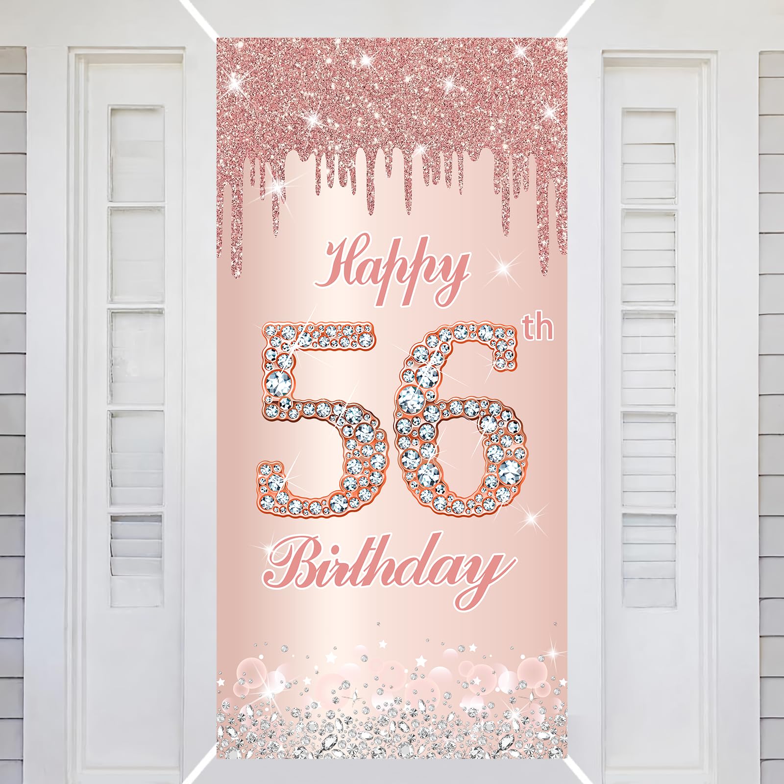 56th Happy Birthday Decorations Door Banner Pink Rose Birthday Banner for Party Backdrop for Women Door Cover Party Decoration Supplies Poster
