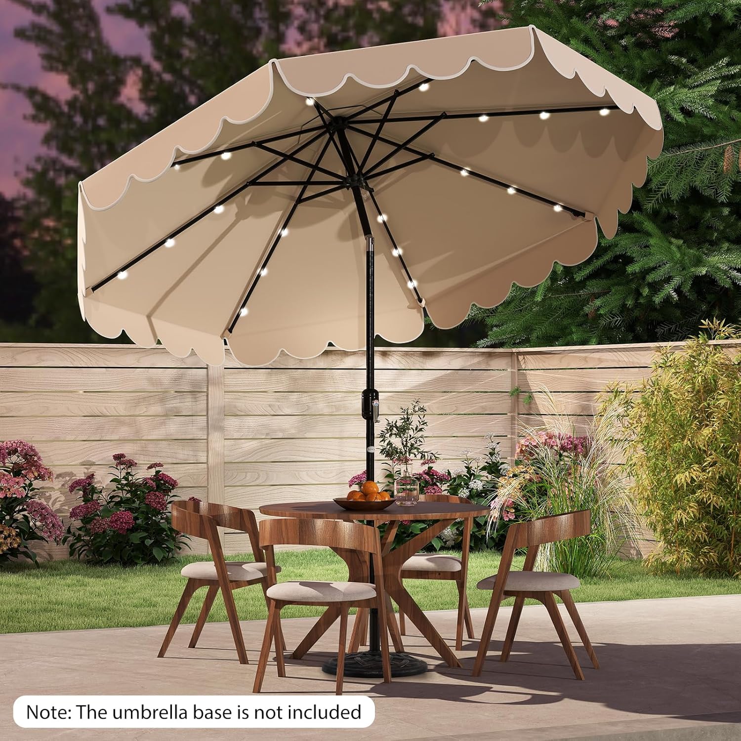 Tangkula 10FT Solar LED Patio Umbrella, 2-Tiers Scalloped Outdoor Table Market Umbrella with 24 LED Lights, Vented Top, Tilt Adjustment, Crank, 8 Ribs for Backyard Poolside Deck Beach Lawn (Beige)
