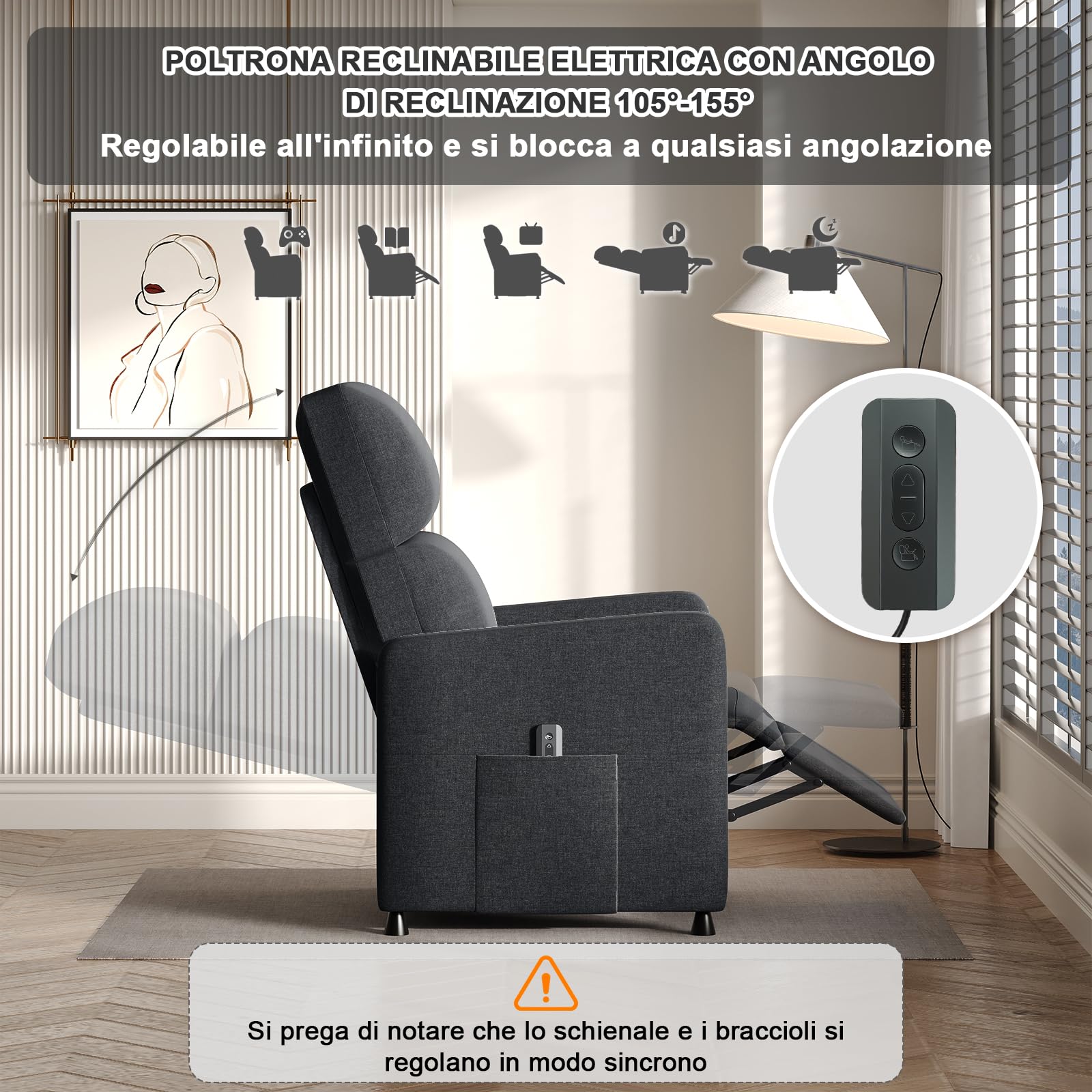 Devoko Poltrona Relax Elettrica, Ergonomica Reclinabile 90°-165°, Poltrona Reclinabile con Schienale e Poggiapiedi Regolabile, Poltrone per Soggiorno/Ufficio, con Tasconi Laterali, Grigio