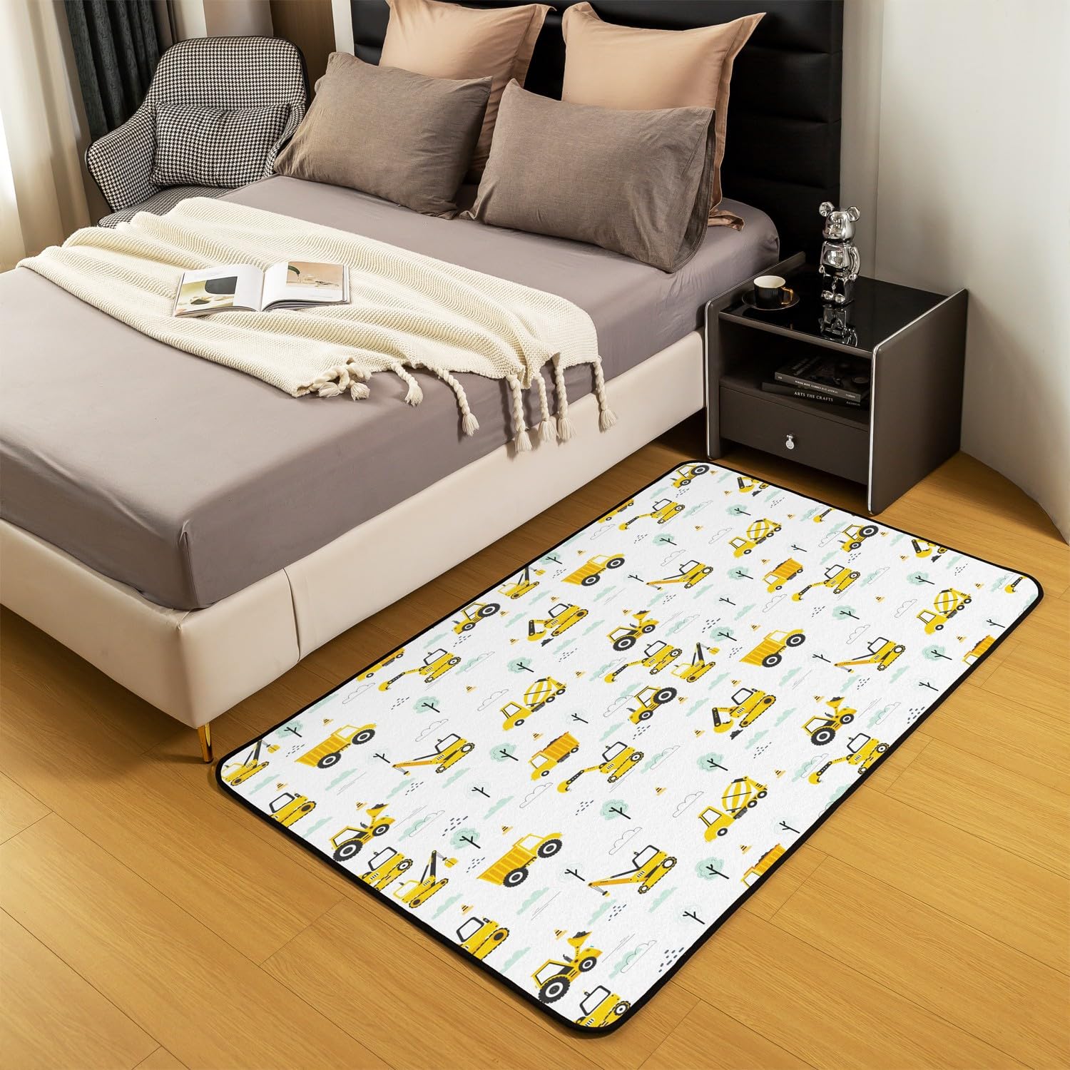 Loussiesd Tappeto da salotto per veicoli da costruzione, 150 x 200 cm, tappeto per bambini con escavatore per ragazzi, attrezzature e camion, tappetino per interni, tappeto decorativo per auto con