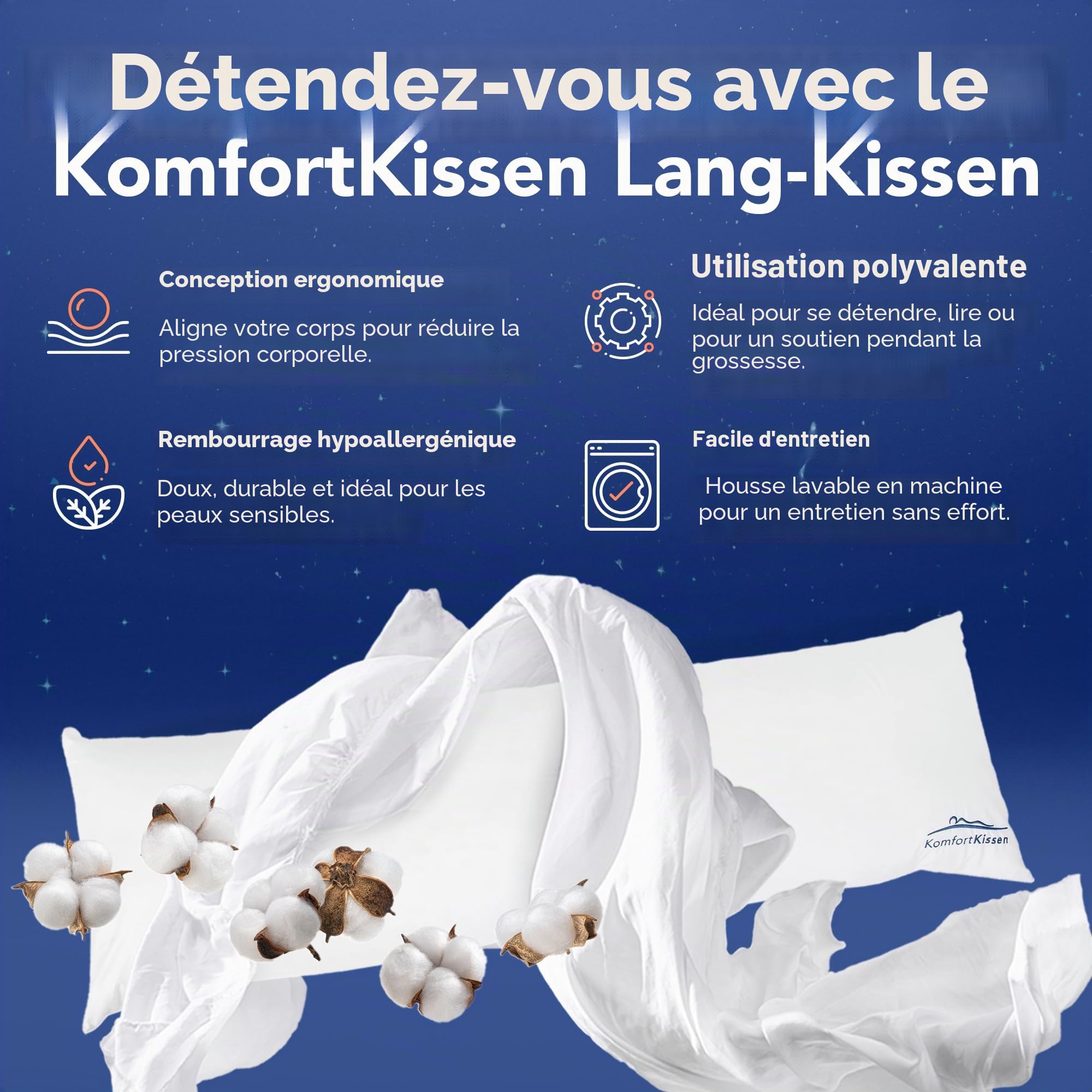 Coussin de positionnement latéral - 150 x 50 cm - Coussin de confort de qualité supérieure pour les personnes dormant sur le côté - Avec coussin intérieur - Certifié Oeko-Tex - Pour adultes - Blanc