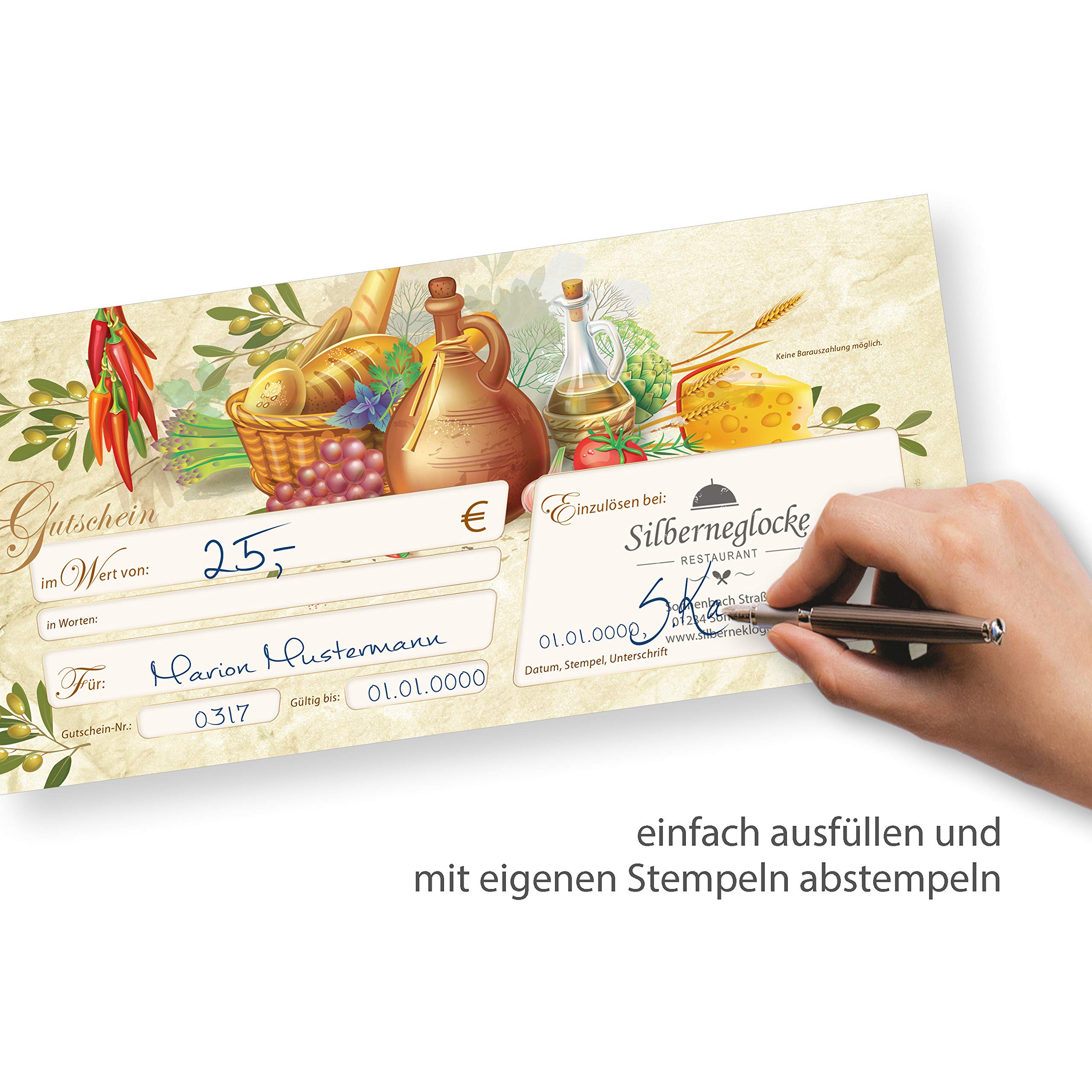 tatmotive RUSTICO Geschenkgutscheine Gastro 250 Stück mit Umschläge Werte eintragen und stempeln, Gutscheinkarten für Gastronomie, Restaurant Pizzeria italienisch