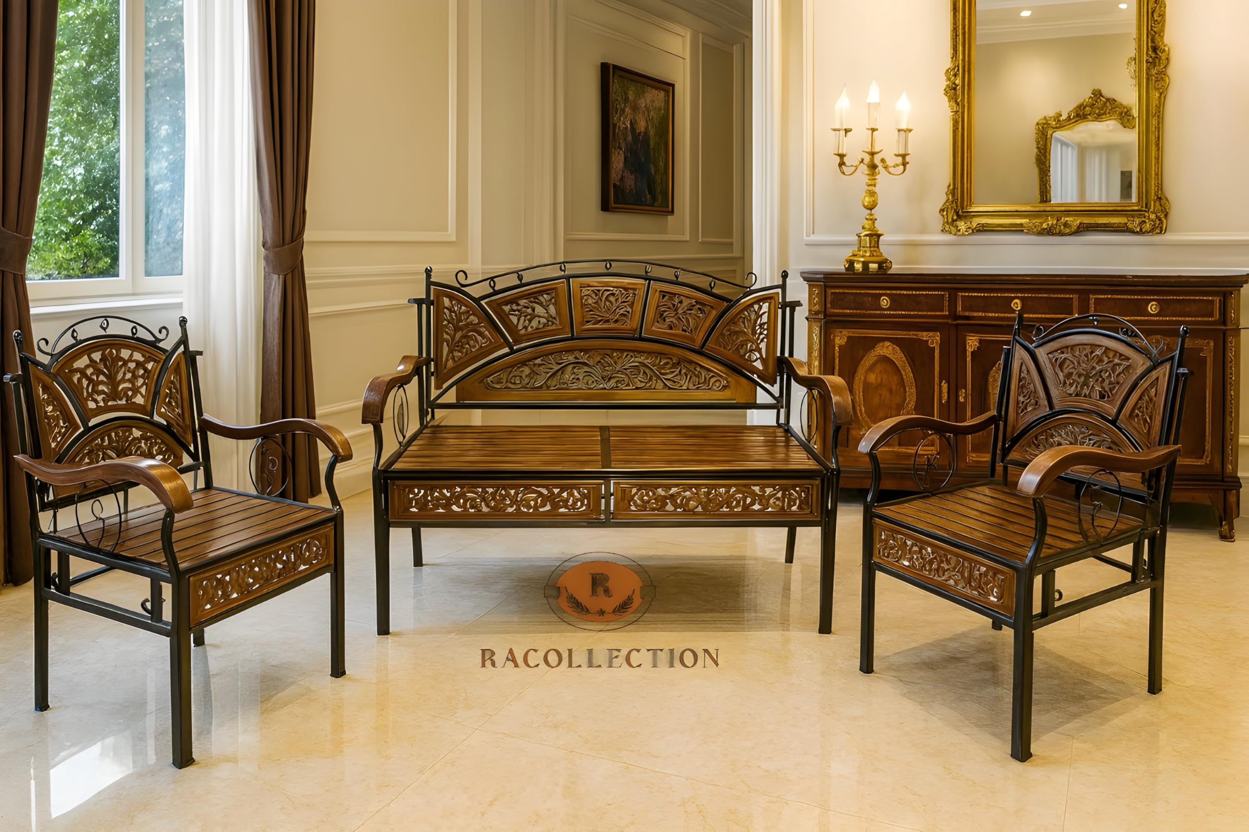 4 Seater Sofa Set, Wood and Wrought Iron, Brown and Black, for Living Room, Garden, Balcony-image-10