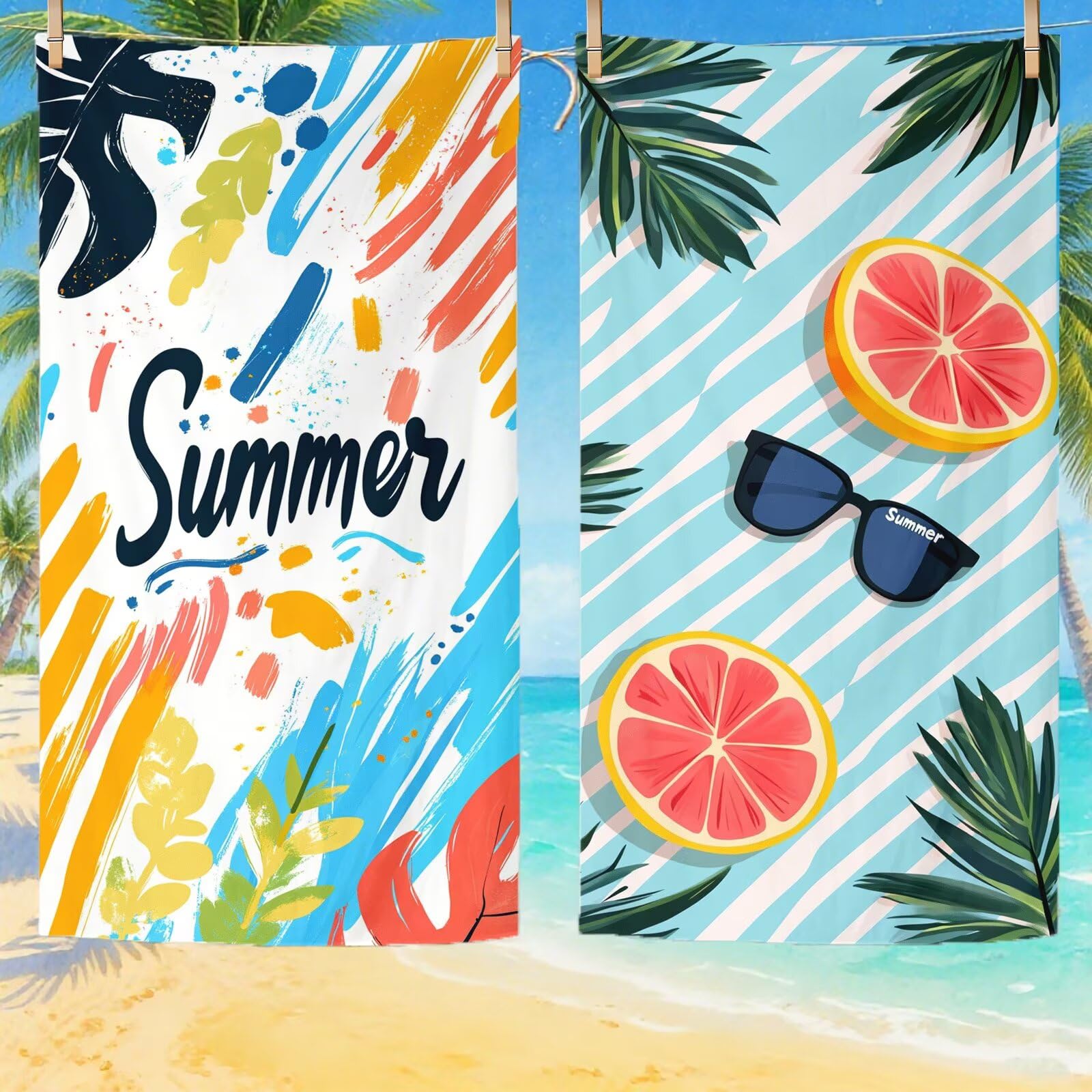 Serviette de Plage XXL 90x200,Couleur Serviette Plage Microfibre avec Séchage Rapide, Anti-Sable, Absorbante Fonction Design pour Vacances Piscine Pique-Nique Voyages Yoga, Cadeau Femme 2 Pack Q-709