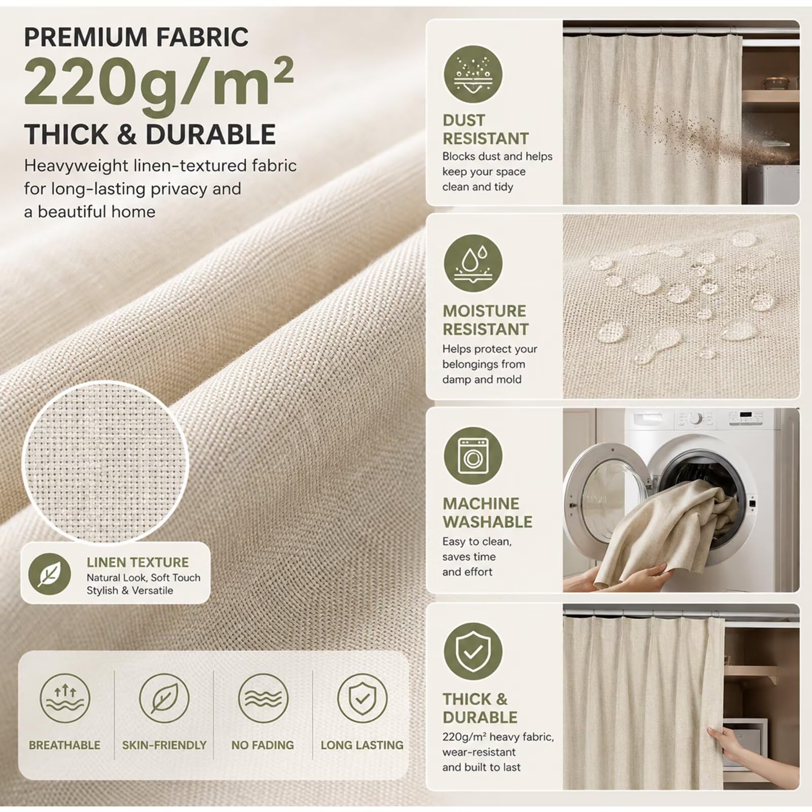 Rideau occultant Lin pour Meuble et Placard W200 x H190cm Gris