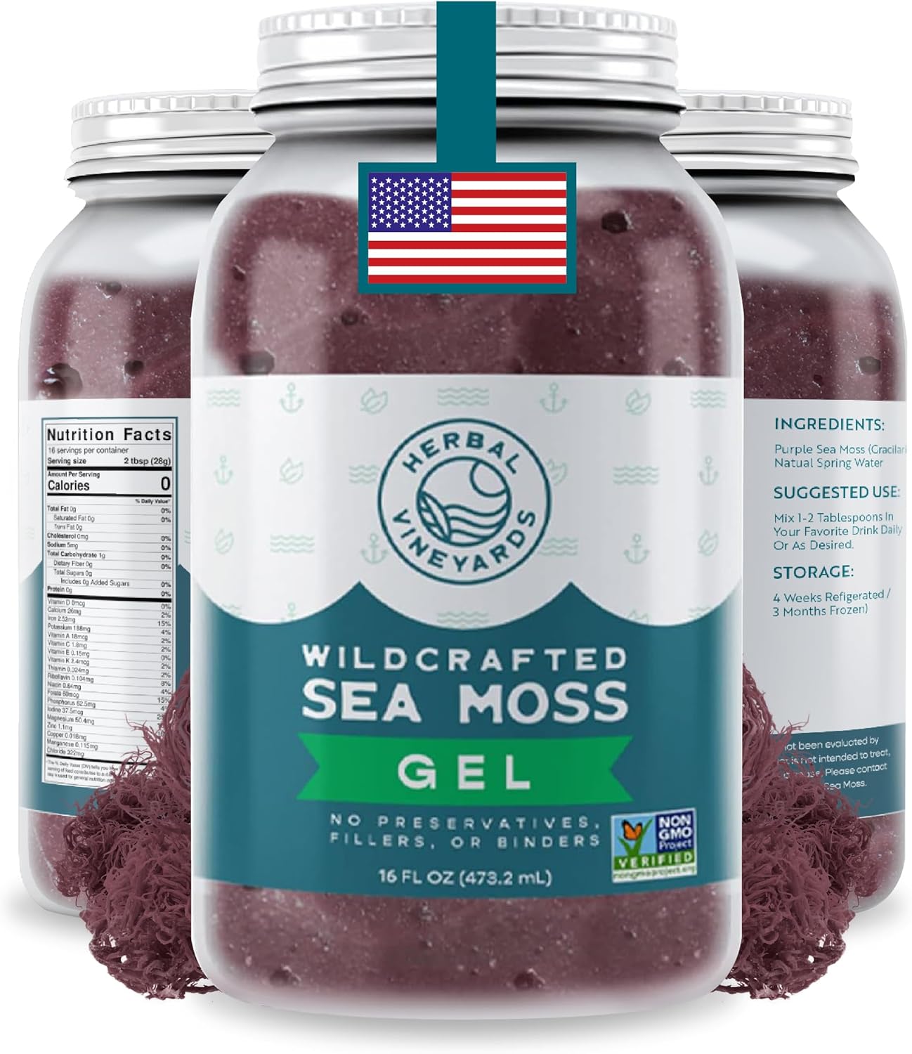 Herbal Vineyards Wildcrafted Irish Purple Sea Moss Gel 16 Oz - Organic Seamoss Gel Made with Dried Seaweed & Fresh Sea Vegetables, Natural & Plant-Based, Harvested in Pristine Waters, USA