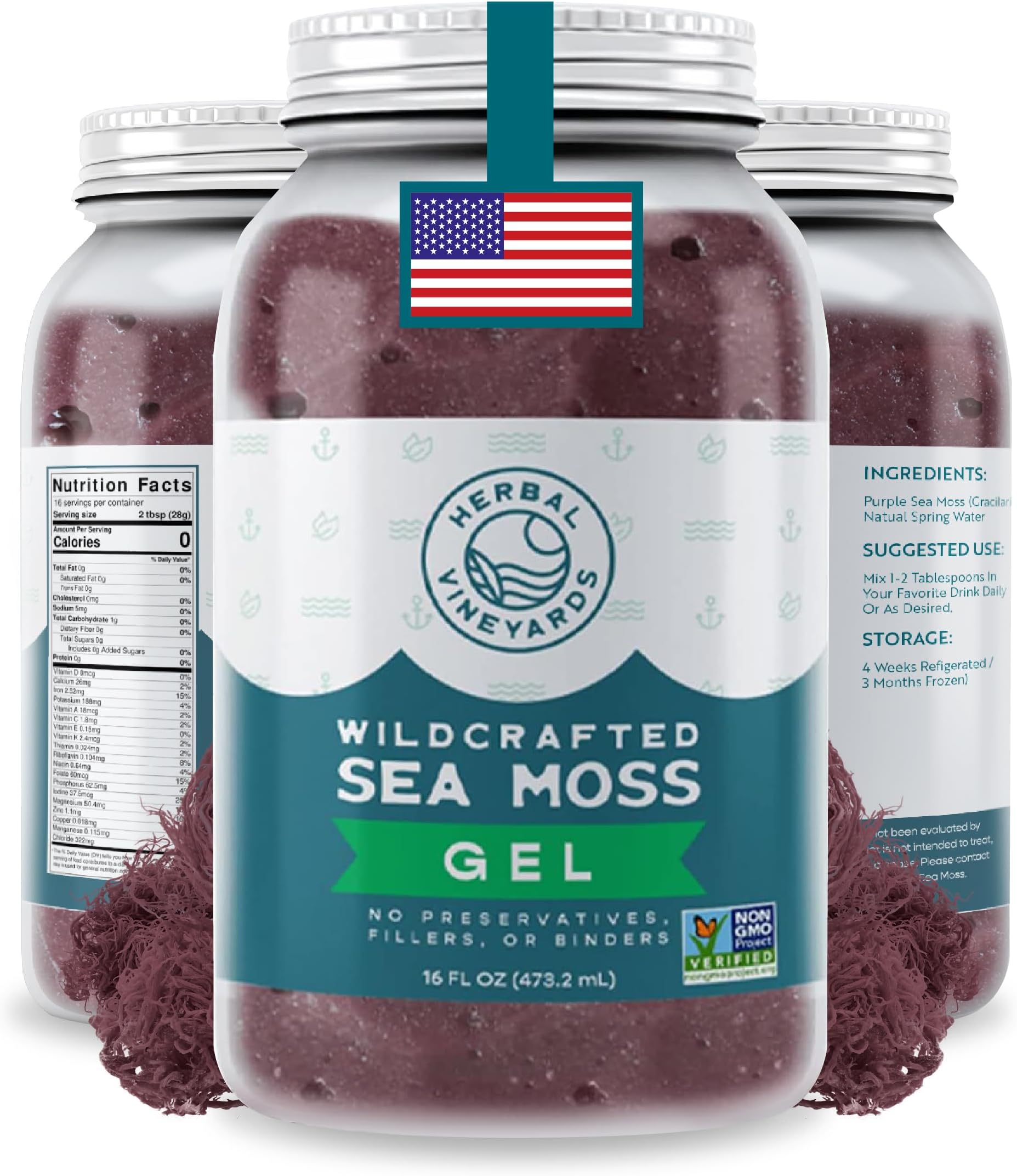 Herbal Vineyards Wildcrafted Irish Purple Sea Moss Gel 16 Oz - Organic Seamoss Gel Made with Dried Seaweed & Fresh Sea Vegetables, Natural & Plant-Based, Harvested in Pristine Waters, USA