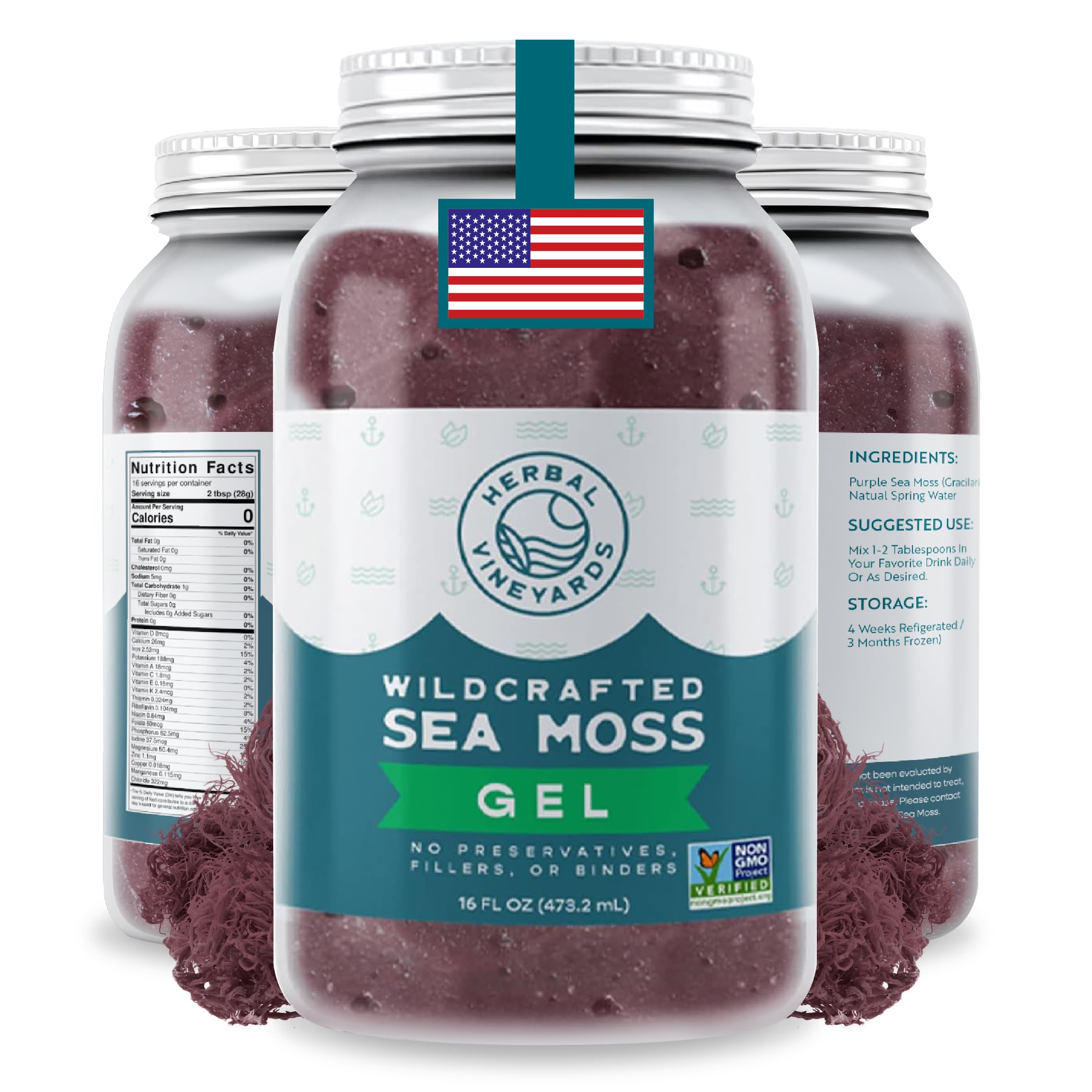 Herbal Vineyards Wildcrafted Irish Purple Sea Moss Gel 16 Oz - Organic Seamoss Gel Made with Dried Seaweed & Fresh Sea Vegetables, Natural & Plant-Based, Harvested in Pristine Waters, USA