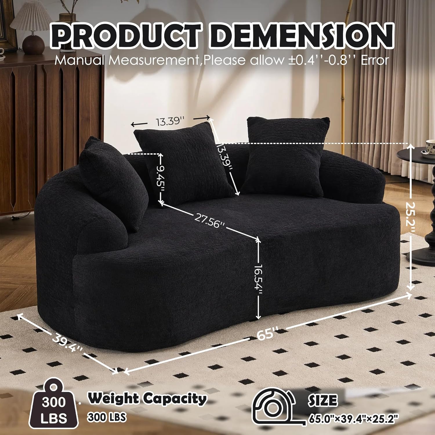 65" Curved Loveseat, 2 Seater Foam Sofa Soft Chenille Round Couch Cloud Sofa Deep Seat Love Seat with 3 Pillows, Modern Boneless Compression & No Assembly, Comfy Small Couches for Small Spaces (Black)