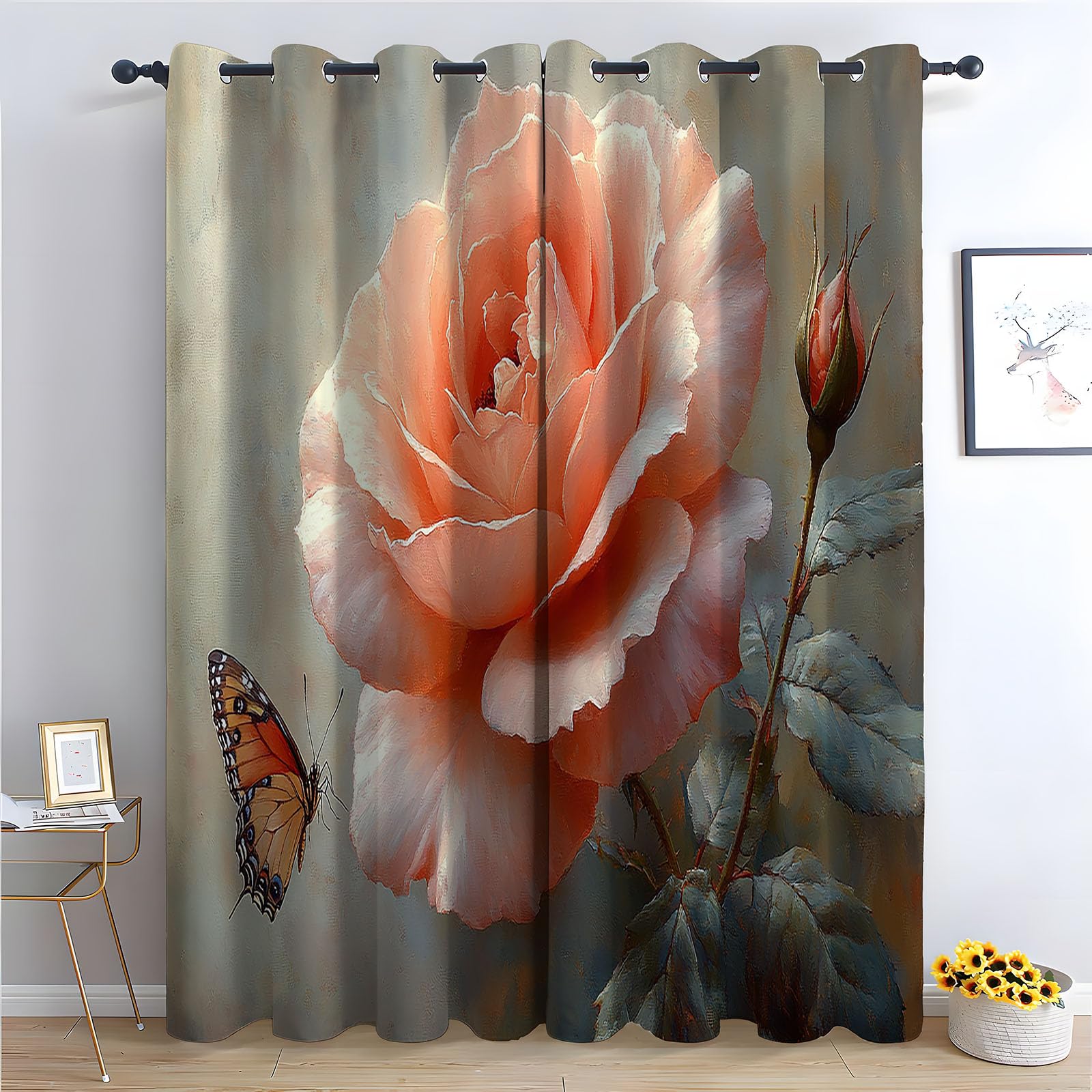 Rideaux thermiques à oeillets jungle rose pêche isolants pour fenêtre H215xL100