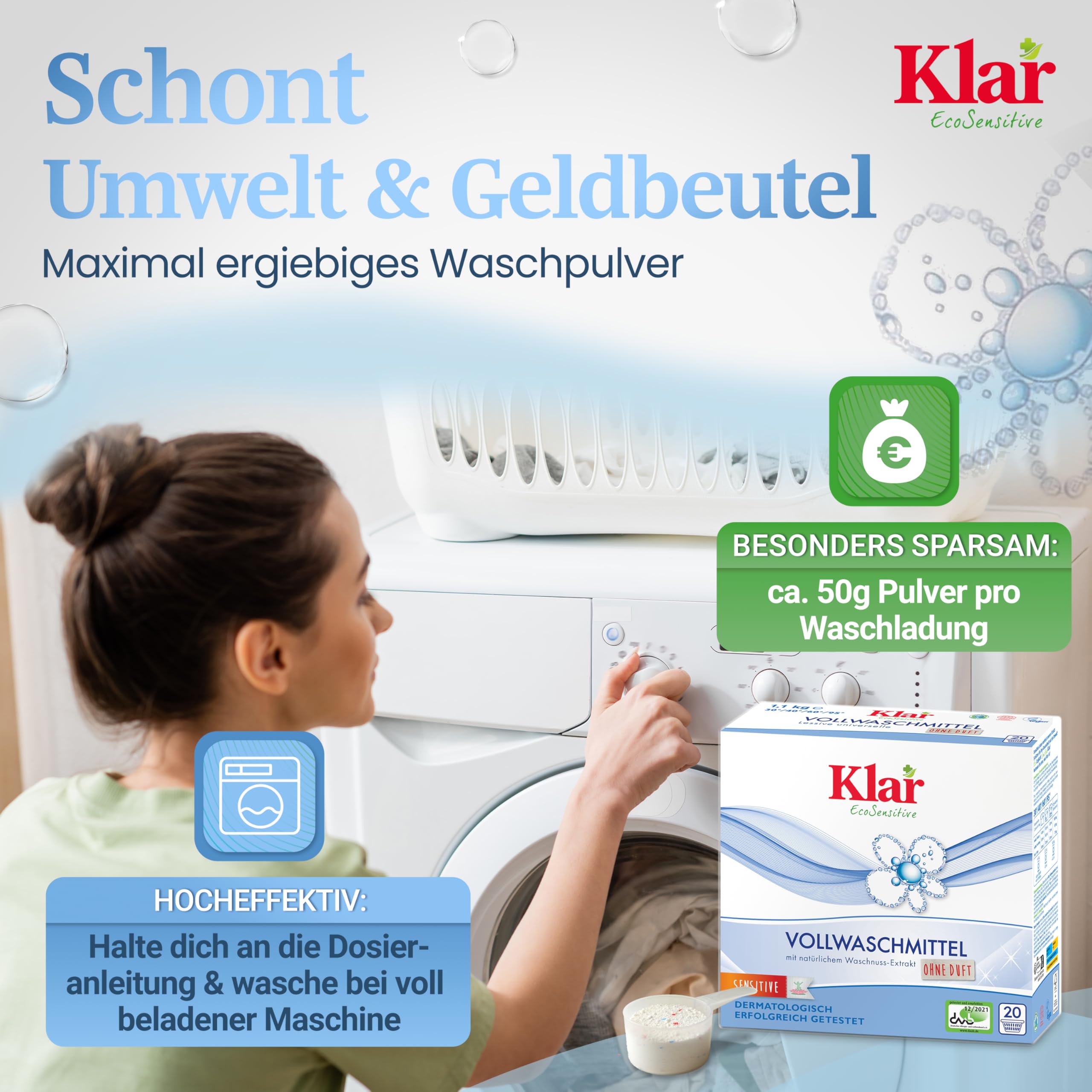 Klar Vollwaschmittel Pulver Sensitive 6x1,1kg - 120 Ladungen - Allergiker Waschpulver ohne Duft - Bio Waschmittel Pulver mit natürlichem Waschnuss Extrakt - VEGAN & Enzymfrei