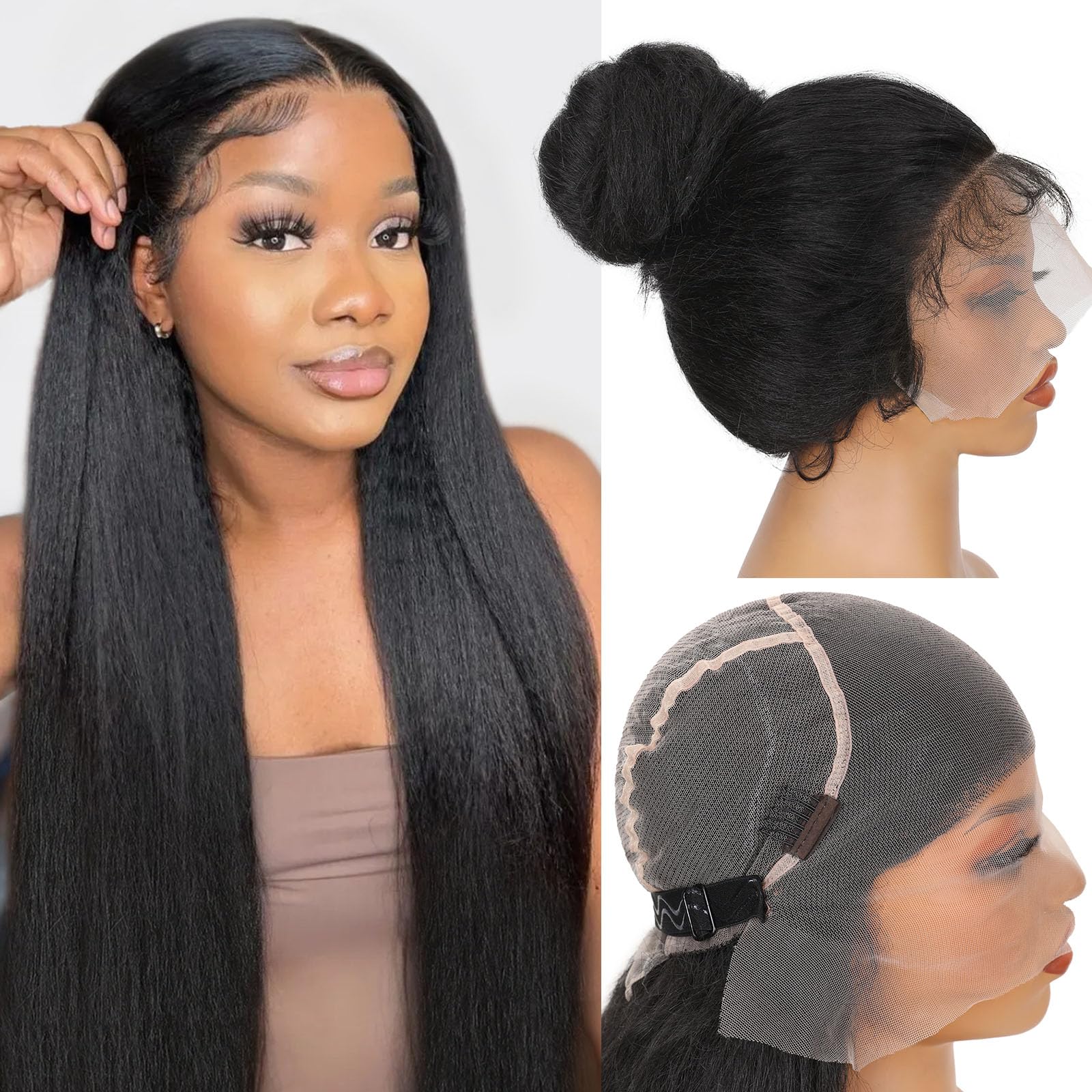 WIGNEE Full Lace Kinky Straight Wig Synthetic Yaki Straight 180% Density Pre-Plucked Wig with Baby Hair For Black Women Daily Use(76 cm,Black)