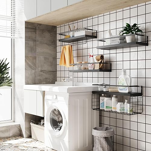 Miniatura 4 de Estantes flotantes de madera negra montados en la pared, estantes rústicos de pared de baño de 3+1 niveles sobre el inodoro con cesta de