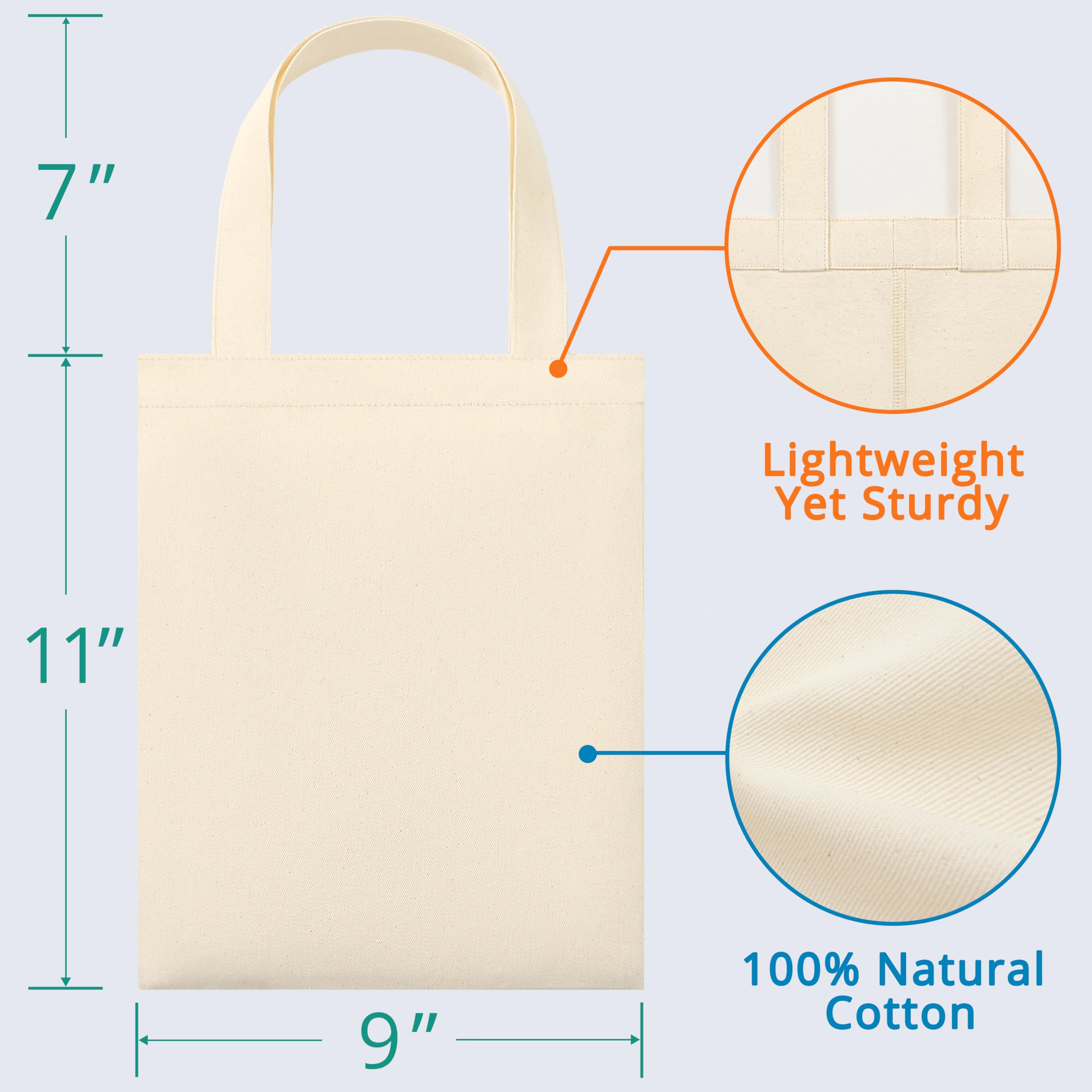 Phicorn Small Canvas Tote Bags, 9" x 11" Reusable Cotton Mini Totes for DIY Crafts, Party Favors and Daily Essentials
