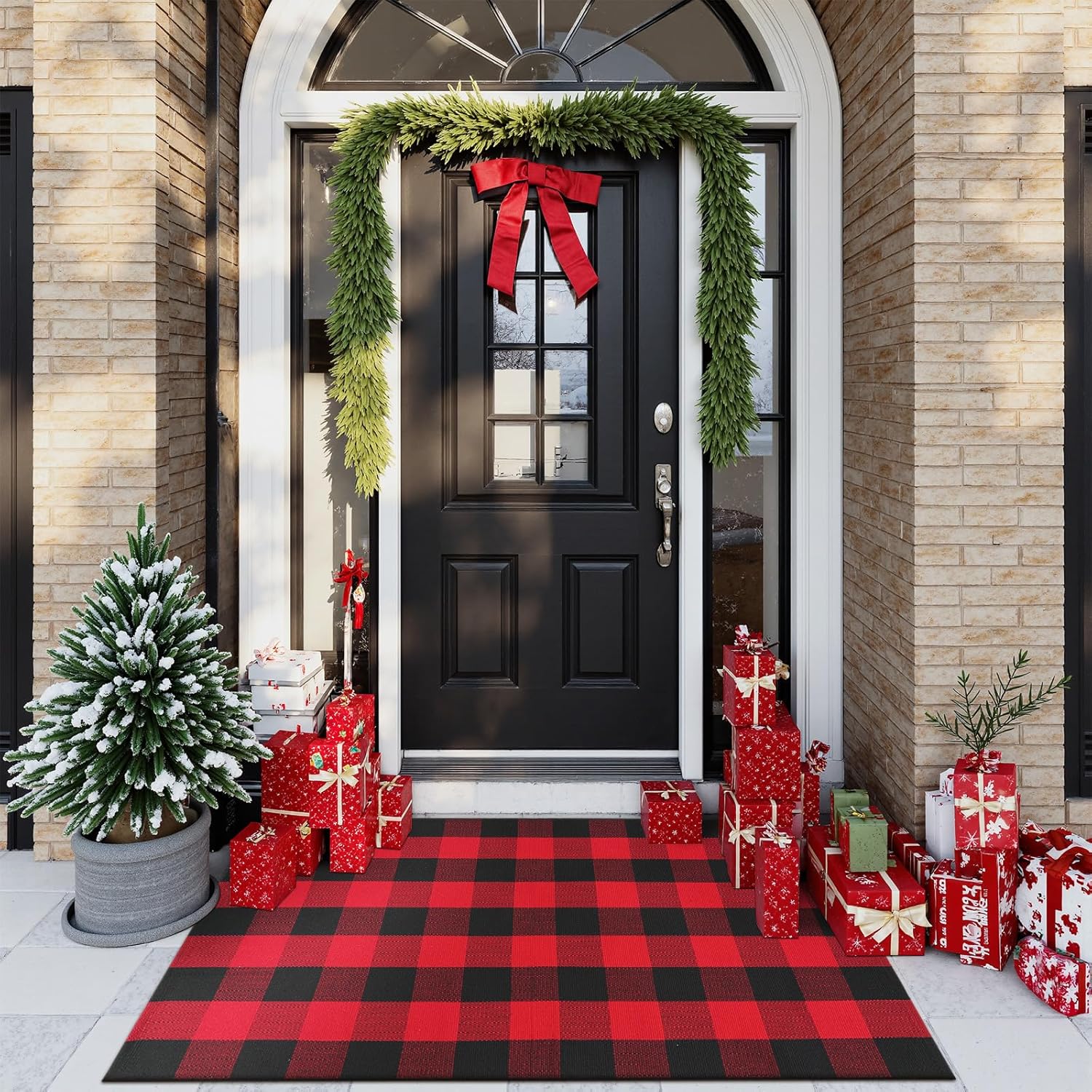 Christmas Door Mat Outdoor 35"x59", Red/Black Buffalo Plaid Front Porch Rug Cotton Hand-Woven Washable Layered Door Mats,Reversible Checkered Floor Rugs for Home Decor Outside