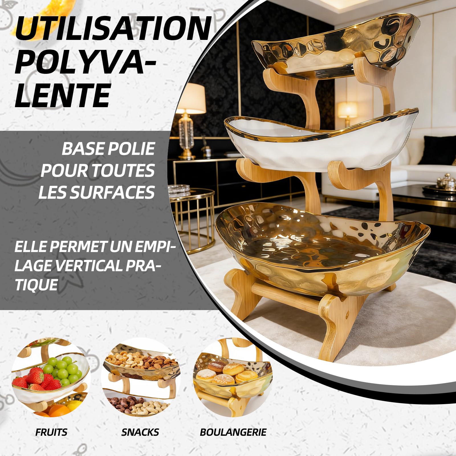 Étagère à fruits à trois étages en céramique, base en bambou, pour présenter des fruits, des collations et des pâtisseries. Doré