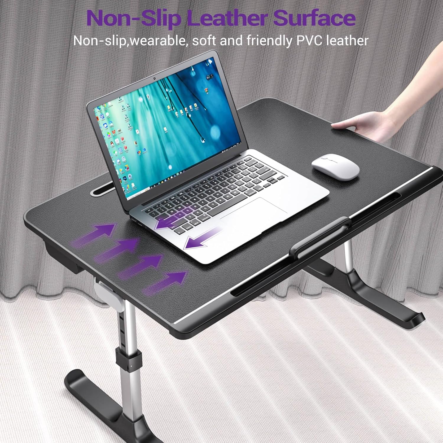 Laptop Desk for Bed, NEARPOW XXL Bed Table for Laptop and Writing, Adjustable Computer Tray Foldable Laptop Stand for Bed or Sofa W/Anti-Slip Faux Leather,Removable Stopper, Book Stand & Drawer Black