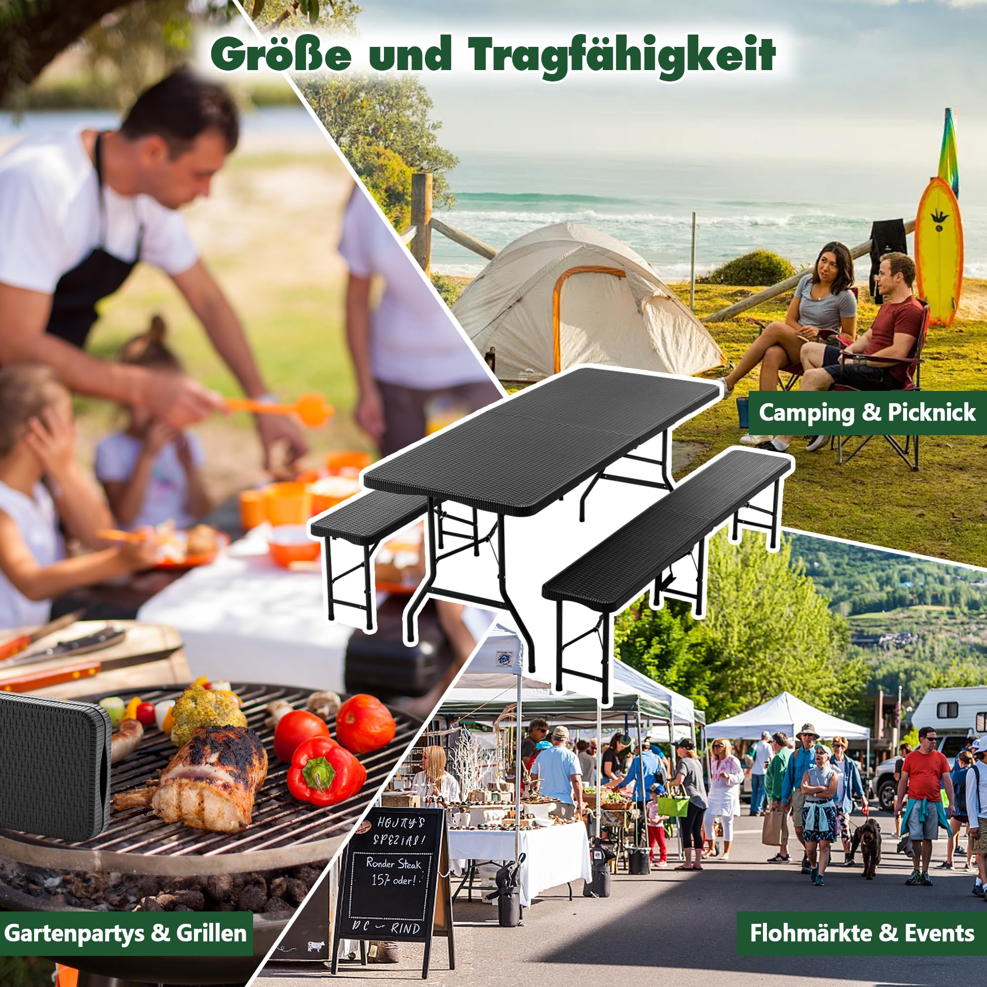 Thanaddo Buffettisch Gartentisch Bierzeltgarnitur Tisch, klappbar 3-teilig Set, 180x74 cm Kunststoff Campingtisch, Rattan-Look für bis zu 8 Personen, robuste wetterfest Biertisch Set, Anthrazit