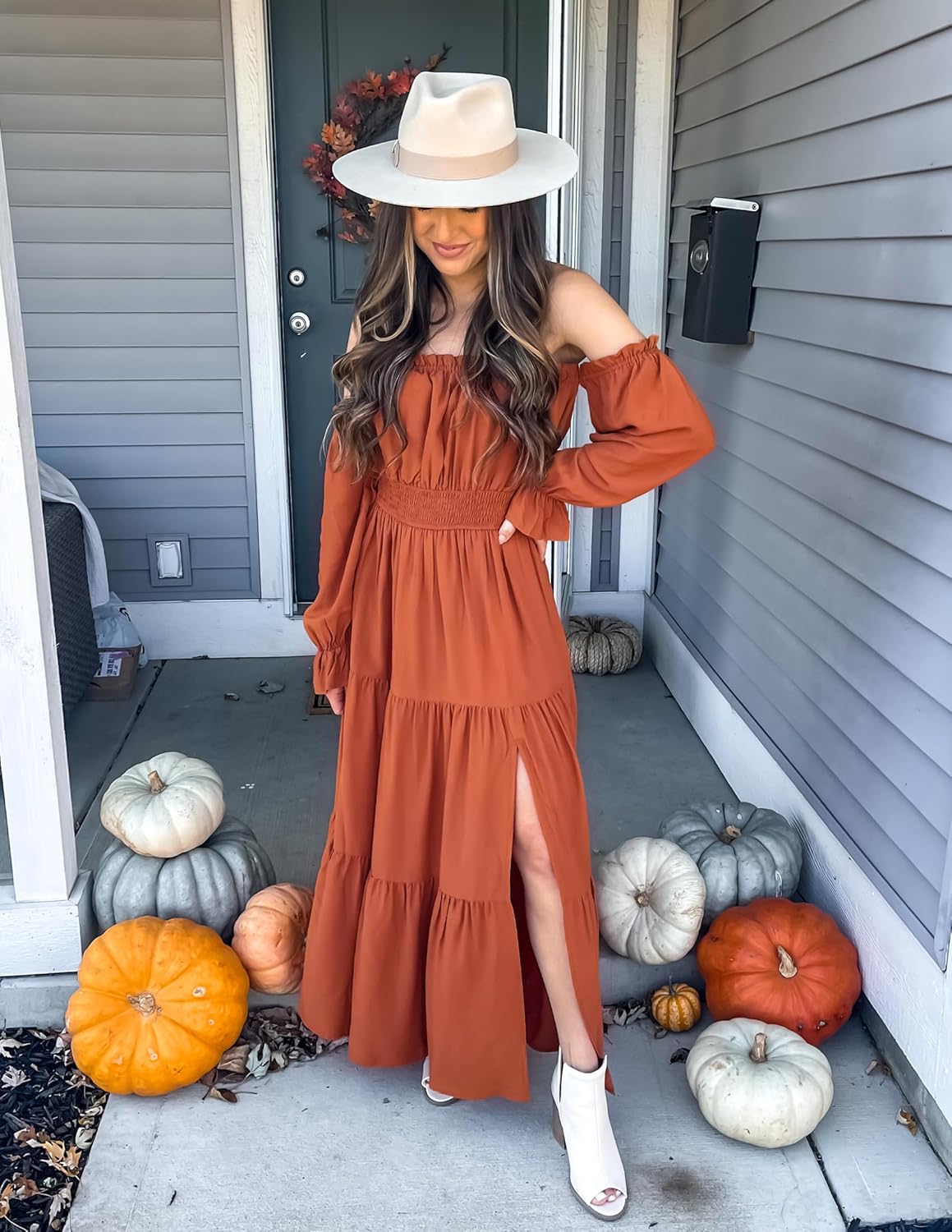 ZESICA Women's Boho Off Shoulder Spring Long Sleeve Dress 2026 High Waist Side Split Sexy Flowy A Line Long Maxi Dresses - Image 6