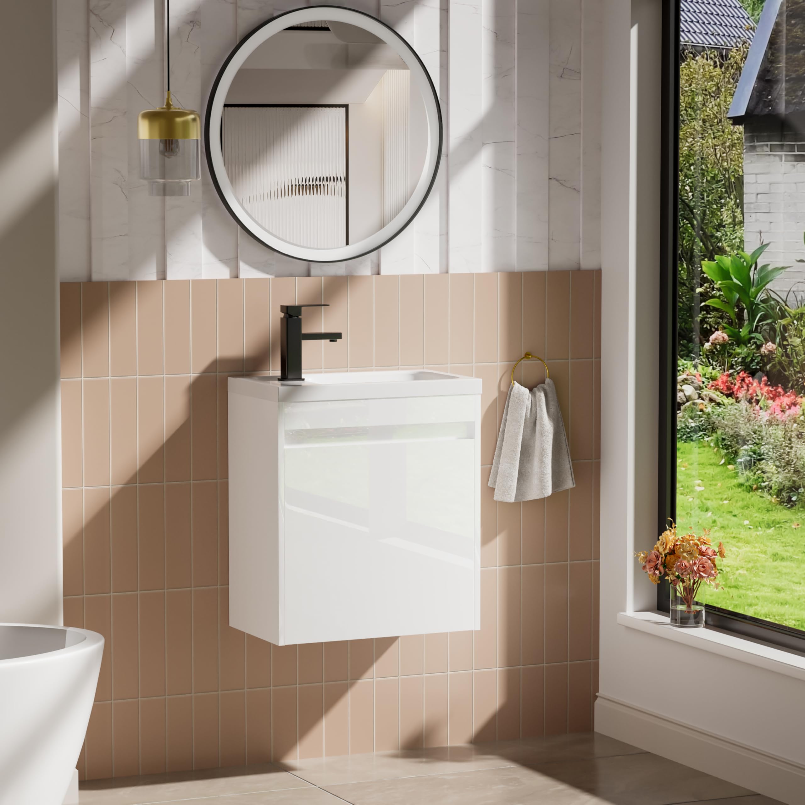 UEV Mobile da Bagno Sospeso 50 cm con Lavabo in Resina, 3-in-1 Set Arredo Bagno con Rubinetto Efficiente, Scarico POP-UP, Mobiletto con Ampio Spazio di Archiviazione