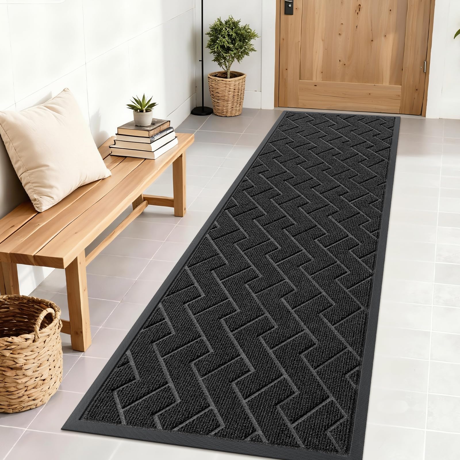 OLANLY Front Door Mat Outside 71x23, All-Season Absorbent Rubber Doormat | Black, Heavy-Duty, Stain and Fade Resistant, Waterproof Non-Slip Backing, Low-Profile Indoor Outdoor Floor Mat for Entryway