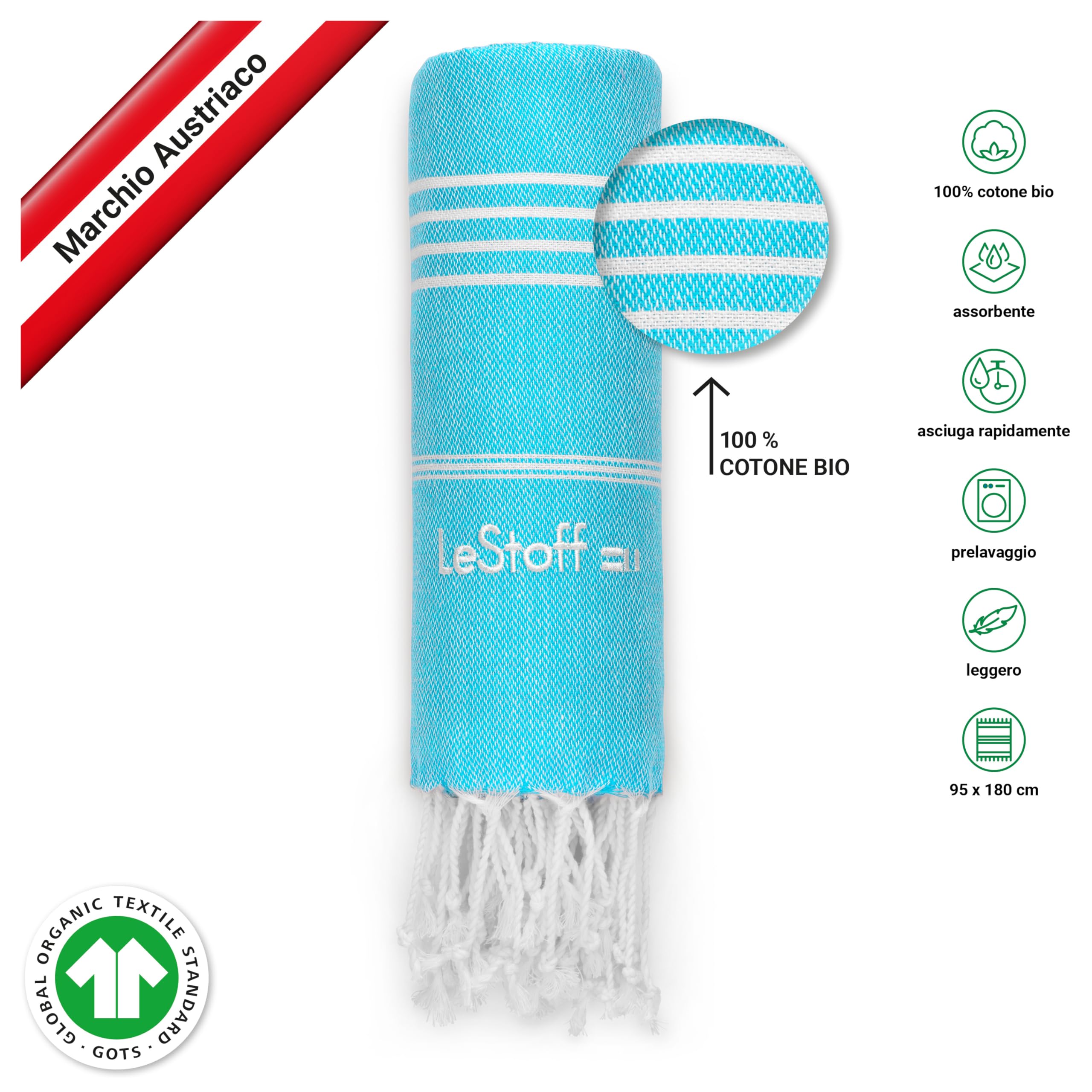 LeStoff Telo mare - 100% Cotone bio, 95 x 180 cm, Prelavato, Assorbente, Asciugatura Rapida, Leggero, Fouta, Telo Spiaggia, Telo Bagno, Telo Yoga, Telo Sauna, Asciugamano Sportivo, Coperta (Aqua)