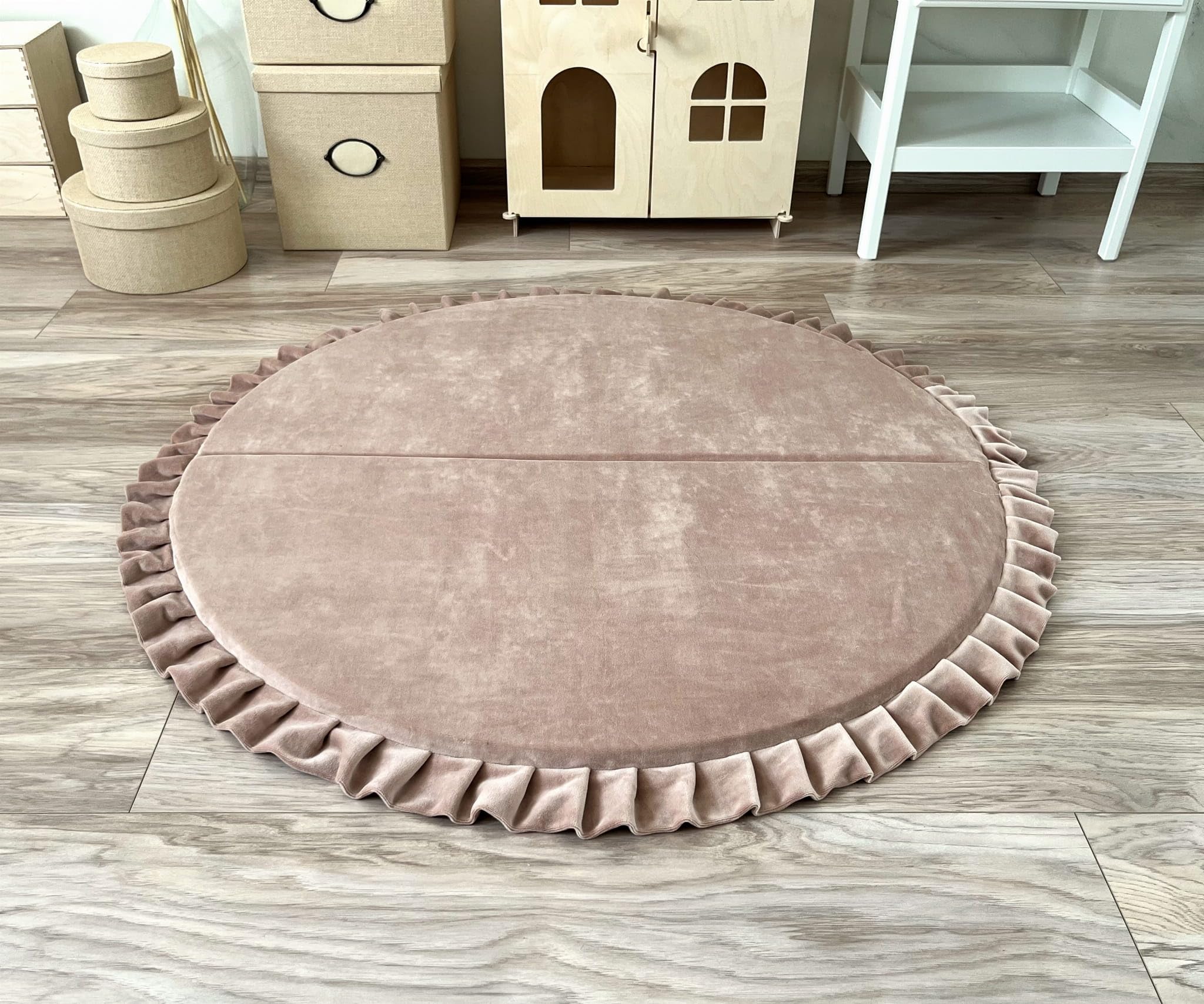 Beige Runde XXL Spielmatte aus Weicher Samt für Kinder und die ganze Familie mit abnehmbarem Bezug 125x125 cm Babyspielmatte Kuschelmatte rutschfest Waschbar Kinderzimmer