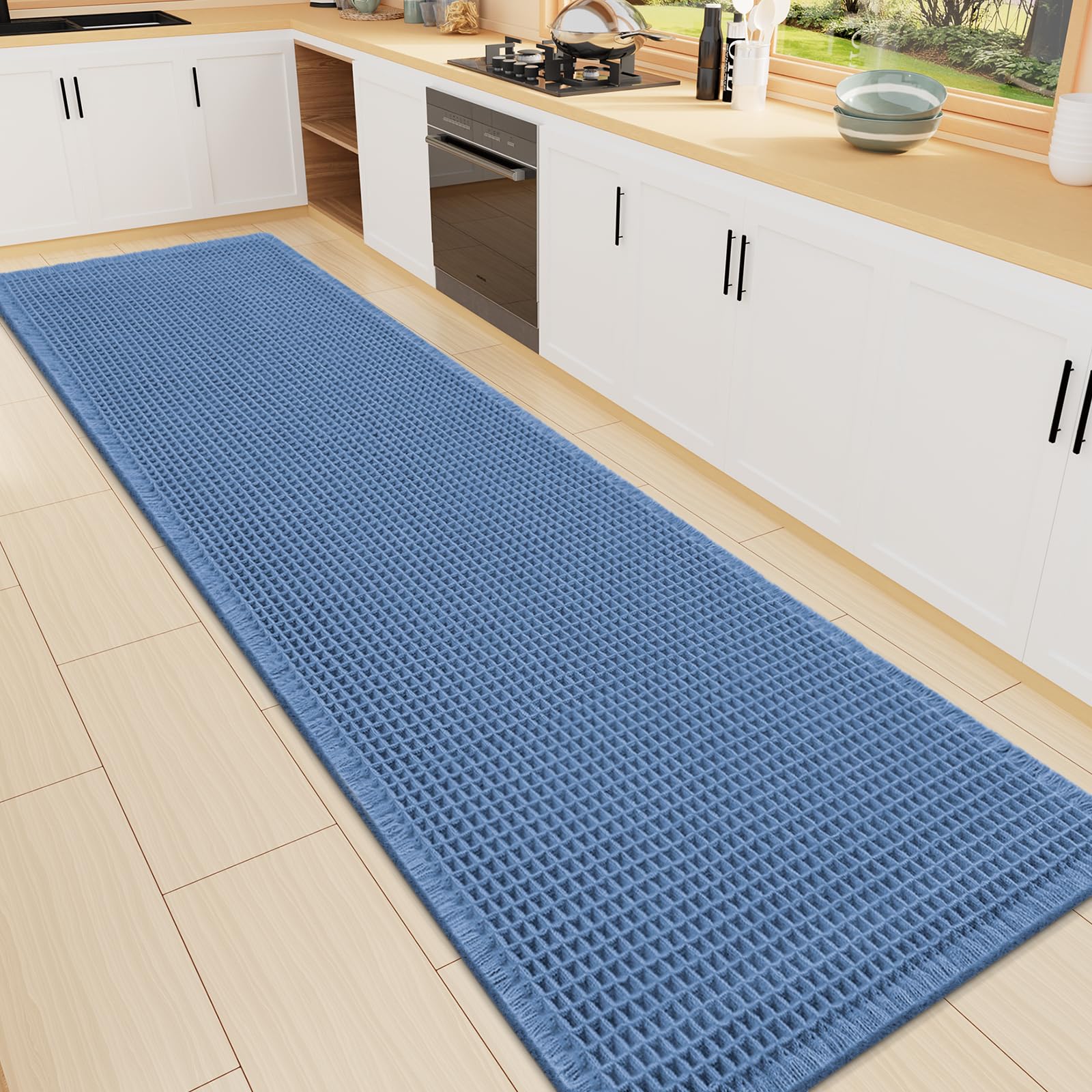 Smiry Waffle Bath Mat 72X16, Extra Soft Absorbent Bathroom Rugs, Blue