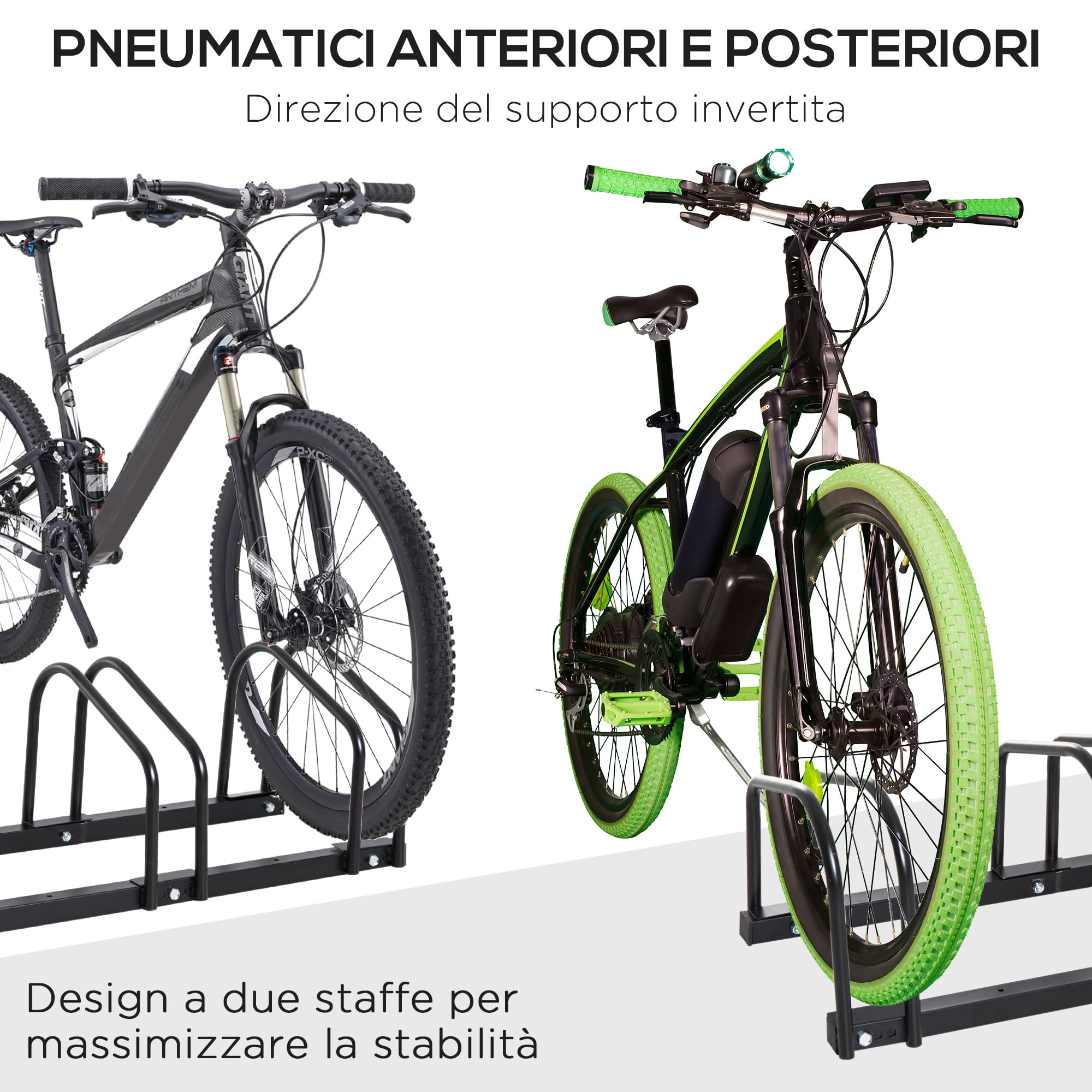HOMCOM Rastrelliera Biciclette da Pavimento o Parete, Portabici da Terra per 6 Biciclette in Acciaio, Ruote Fino 65 mm, 179x33x27 cm, Nero