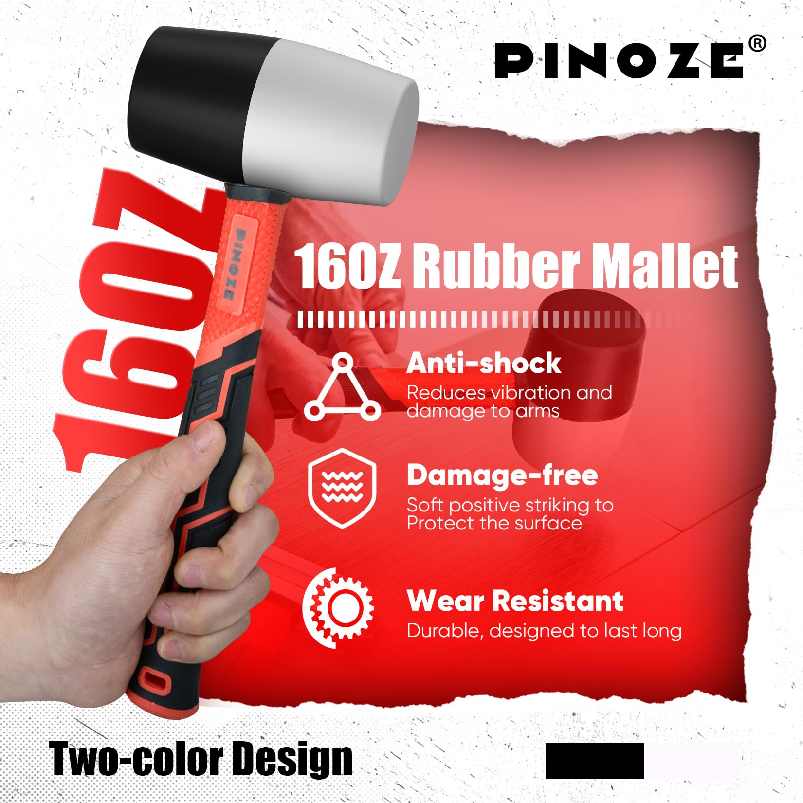 PINOZE 2-Piece Rubber Mallet Hammer Set, 450g Rubber Hammer & 35mm Double-Faced Soft Mallet with 2pcs Relaceable Heads - Image 4