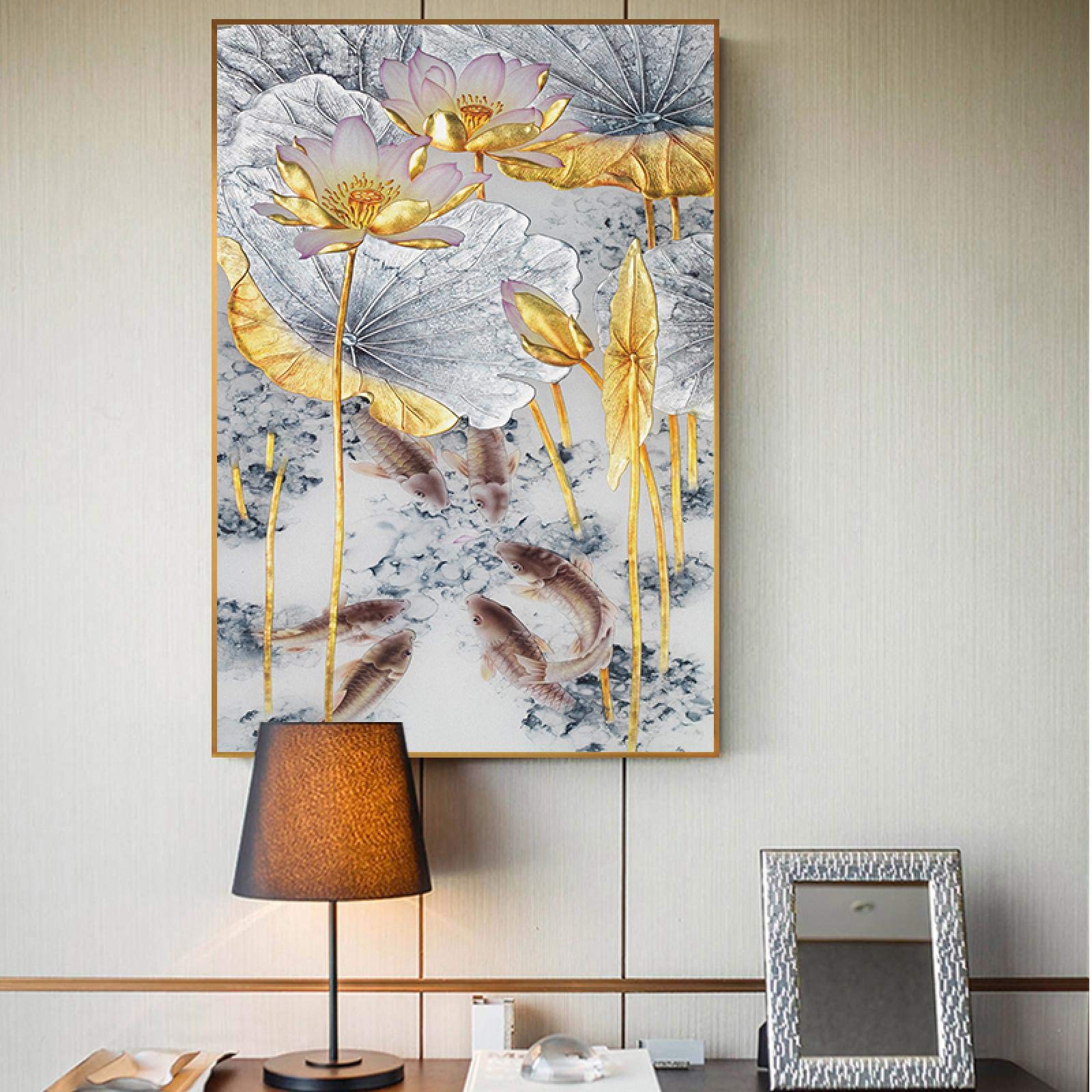 Toile Abstraite Poissons Lotus Dorés Solution Mur Vide Salon 70x100 - 8