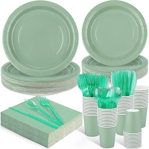 durony Juego de 350 piezas de vajilla verde salvia para 50 invitados, incluye platos de postre de papel de 7, 9 pulgadas, servilletas, tazas,