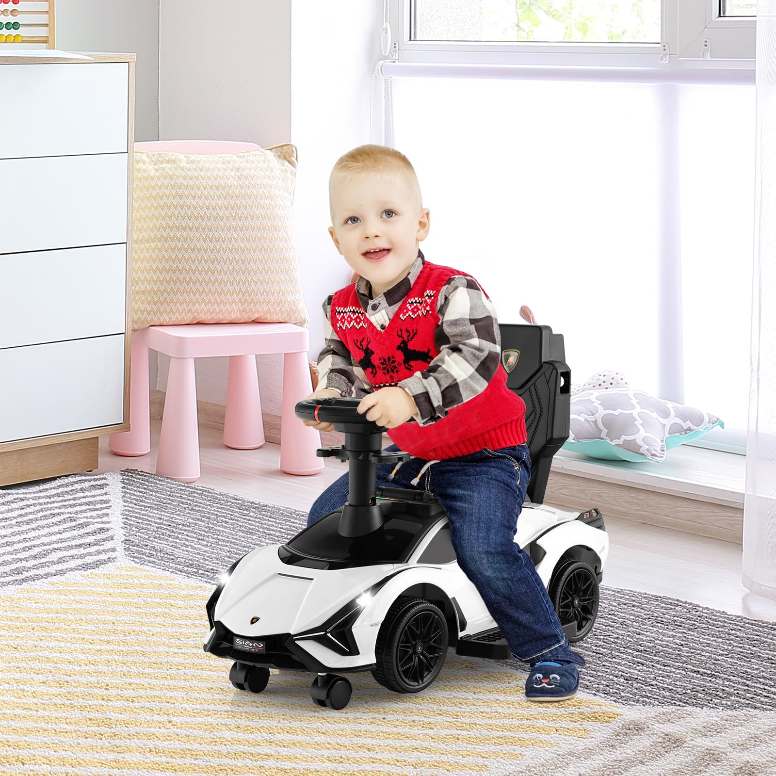 COSTWAY 3 en 1 Coche Correpasillos para Niños, Coche de Empuje Lamborghini, Coche de Paseo para Niños con Barandillas y Manillar Desmontables, Música, Faros y Ruedas Universales Desmontables (Blanco)