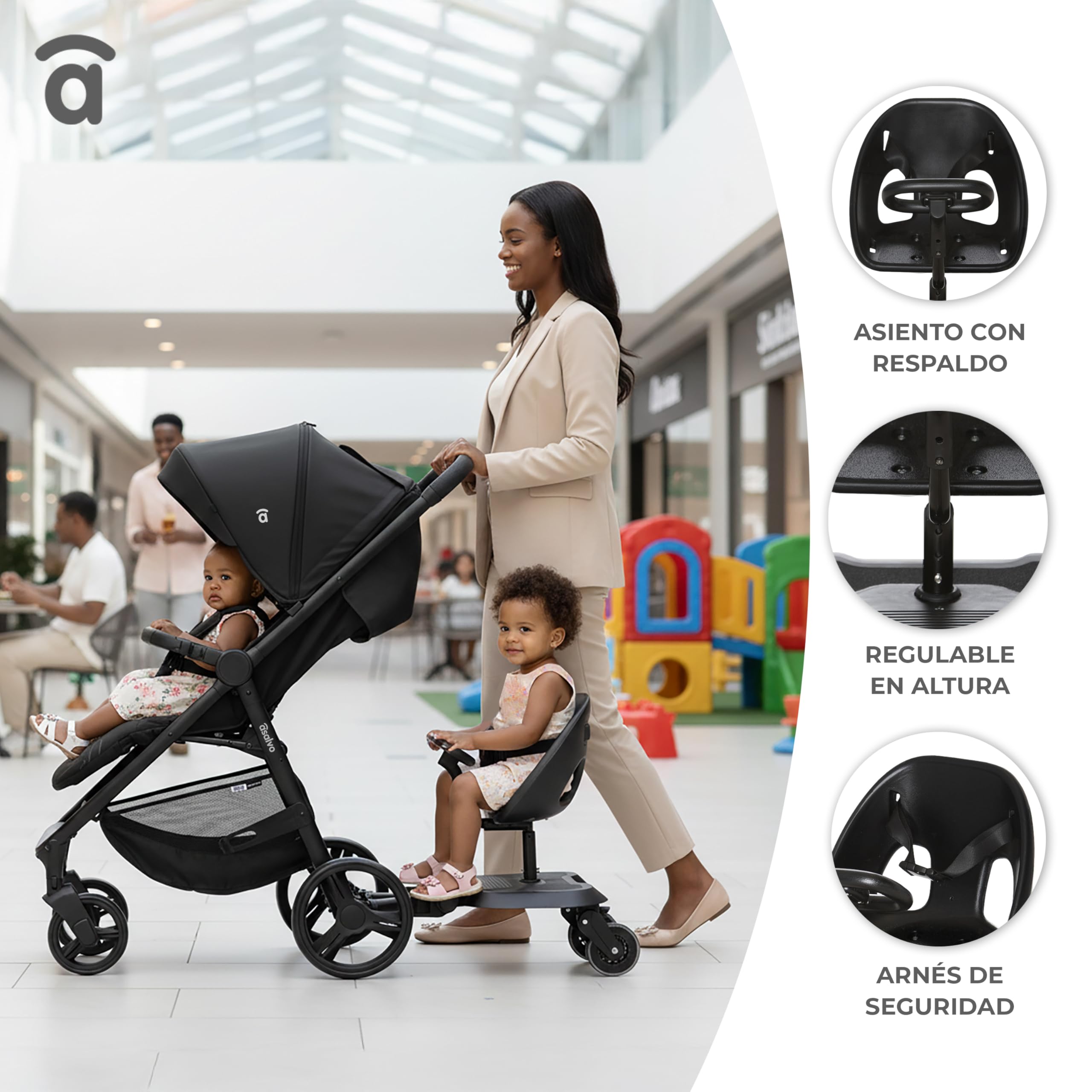 Asalvo GO SEAT 2 IN 1 Monopattino 2 in 1 per passeggino Go Seat, universale, pattinaggio per passeggino, adatto per il 99% di tutti i passeggini, tagliere per passeggini, bambini da 2 a 5 anni, 20 kg