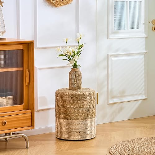 Miniatura 2 de Wimarsbon Pufs otomanos, puf de hierba marina 100% natural, taburete redondo tejido a mano con marco de madera, reposapiés trenzado sentado, asiento