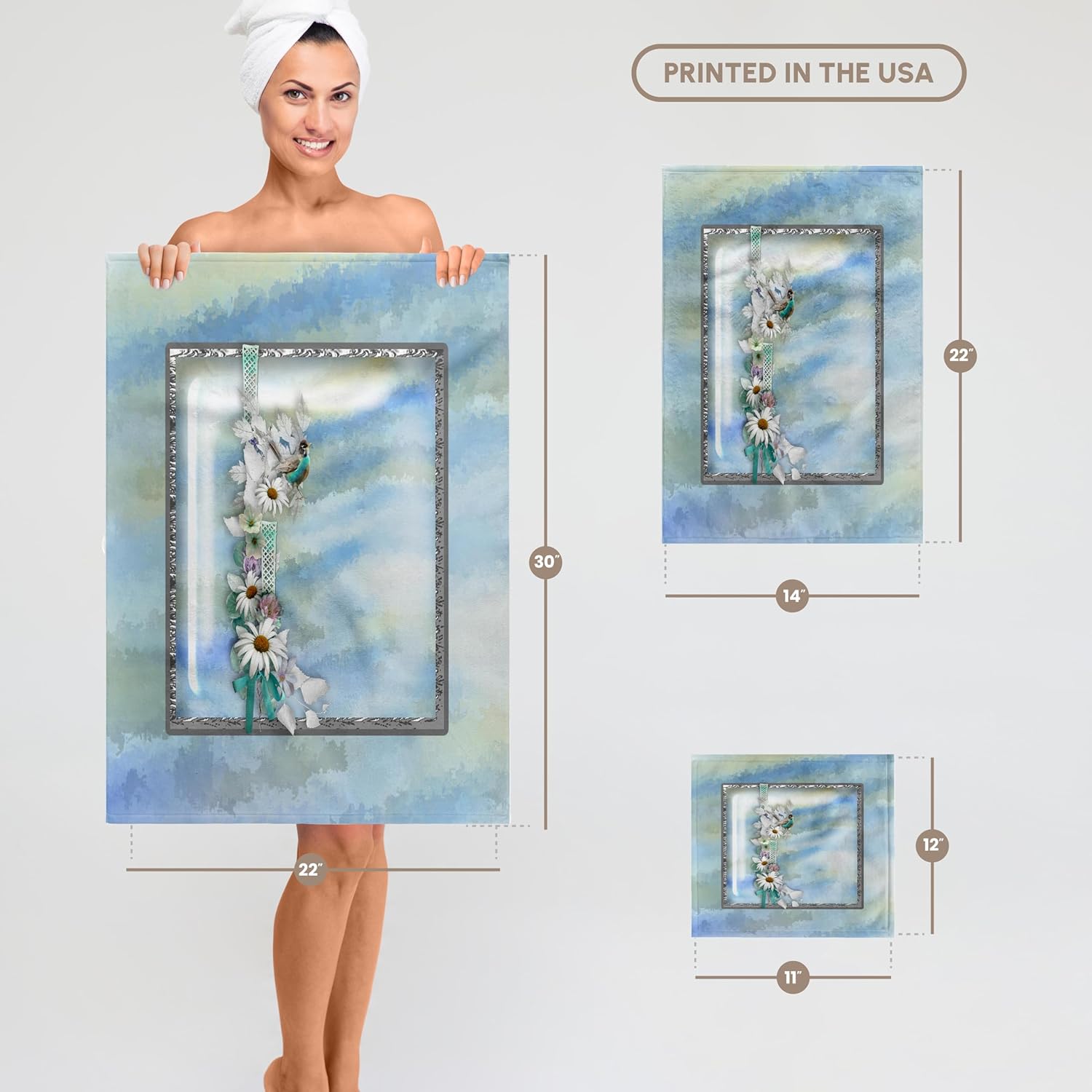 3dRose Image of Aqua Robin, Daisy Ribbon Cluster, Silver Frame, Mable Design 22x30 Bath Hand Pool Towel