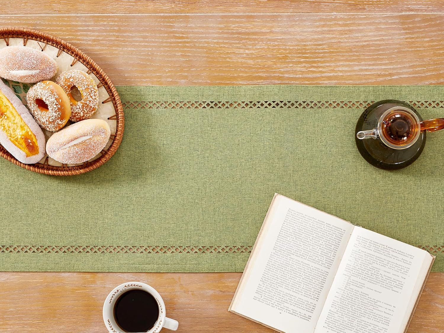 Burlap Style Farmhouse Table Runner, 13 x 108 Inch Sage Green, Rustic Geometric Hollow Table Runners 108 Inches Long for Dresser Table Everyday Use, 13x108 Inches, Sage Green