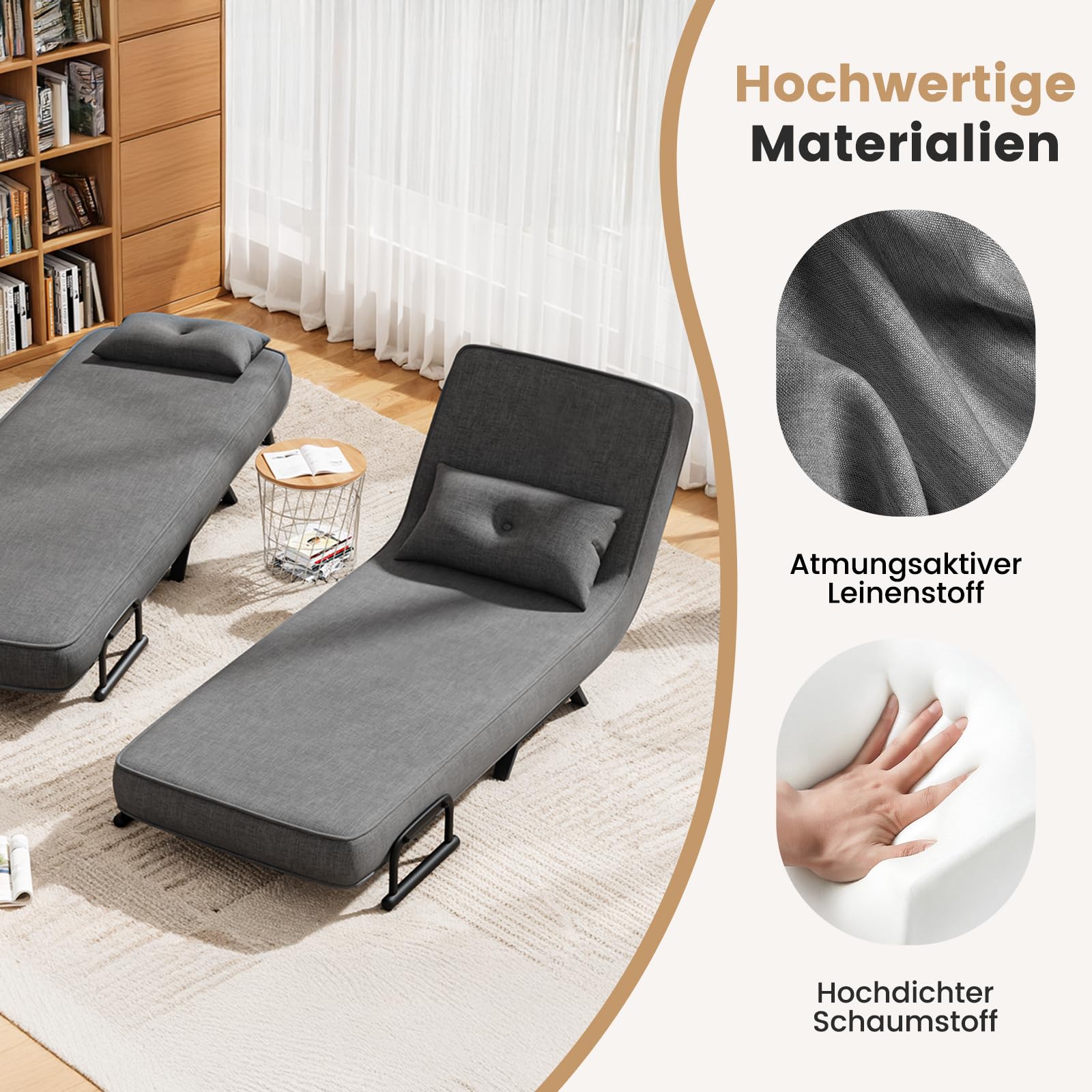 YOUDENOVA Schlafsessel 4 in 1 mit Bettfunktion, Schlafsofa mit 5-Fach Verstellbarer Rückenlehne, Sofa mit Aufhängetasche, Schlafcouch, Gästebett, Klappsofa, 190 × 69 cm, Leinen Dunkelgrau
