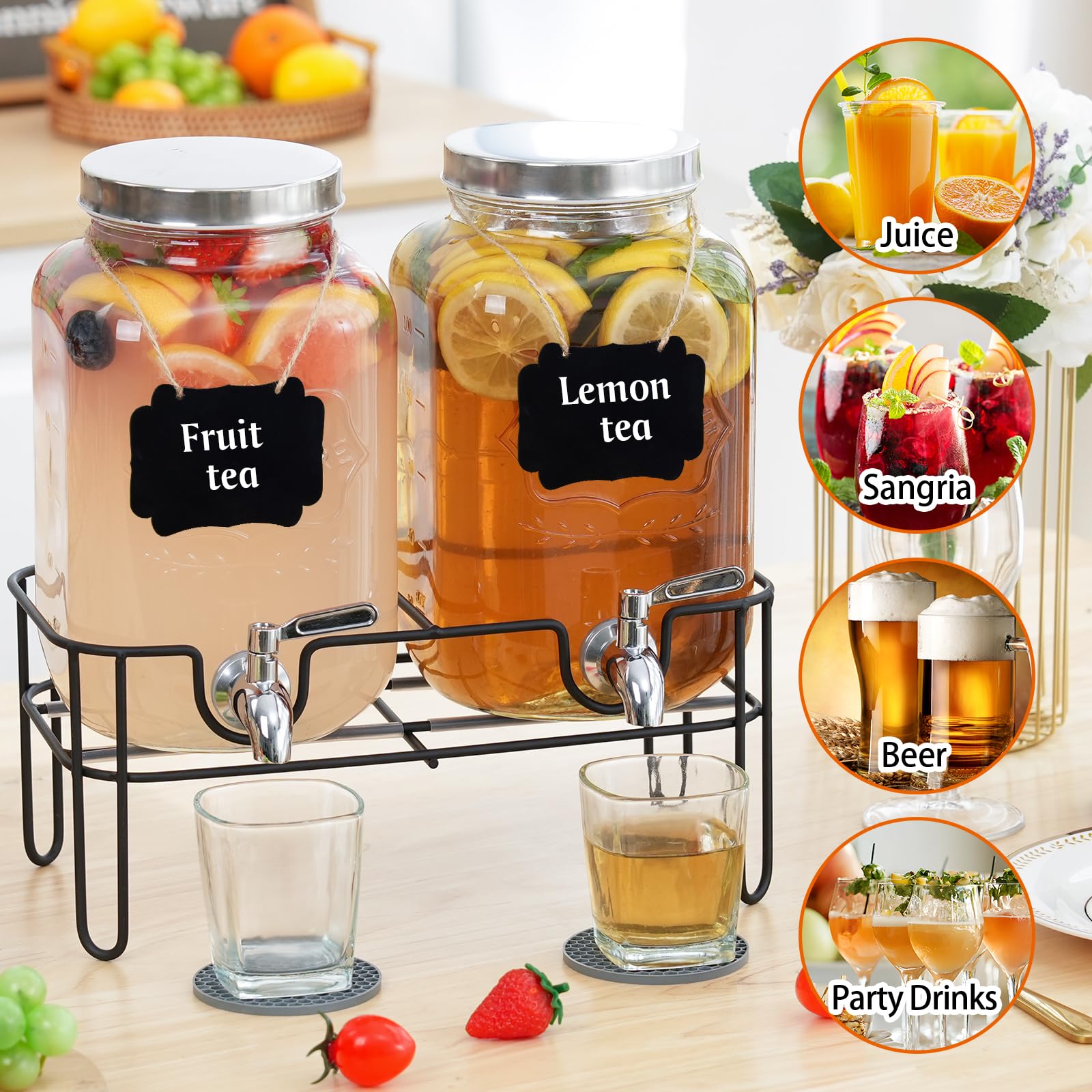 Moretoes Dispensador de bebidas de vidrio para fiestas, paquete de 2 dispensadores de bebidas de 1 galón con soporte para jugo y té helado, dispensador de jarra de agua para limonada, jarra de bebidas