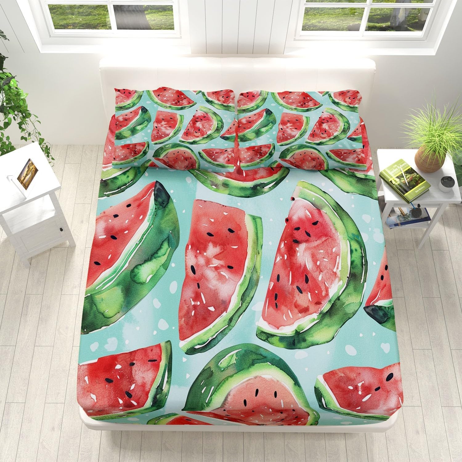 Print Fitted Sheet Set Full Size for Kids Boys Girls, Blue Background Bed Sheets Fruit Watermelon Watermelon Slices Pattern Fitted Sheet Adults Flat Sheet Soft Luxury, Home Room Decor 4Pcs